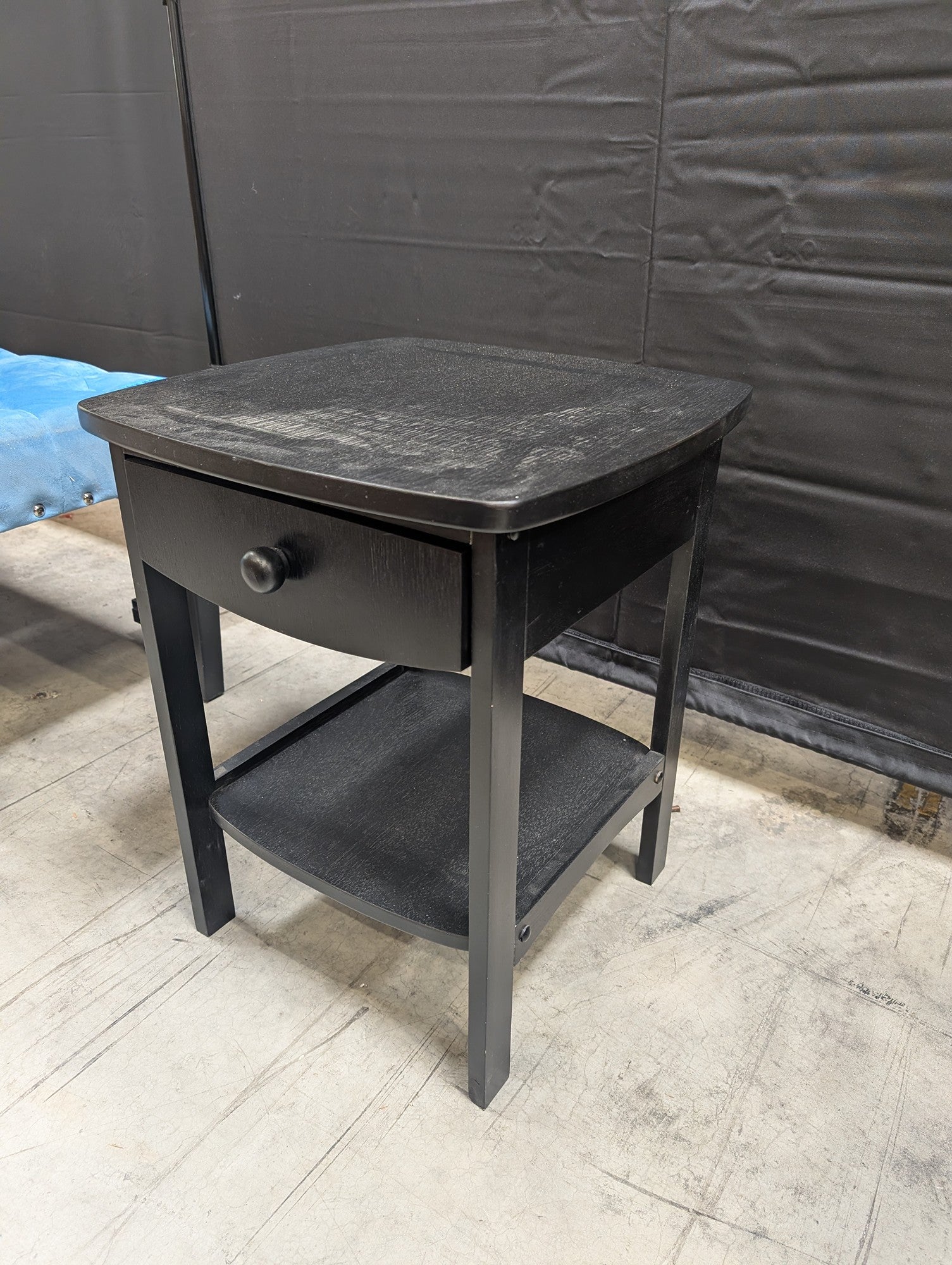 Compact Black Wood Nightstand End Table with Drawer and Shelf