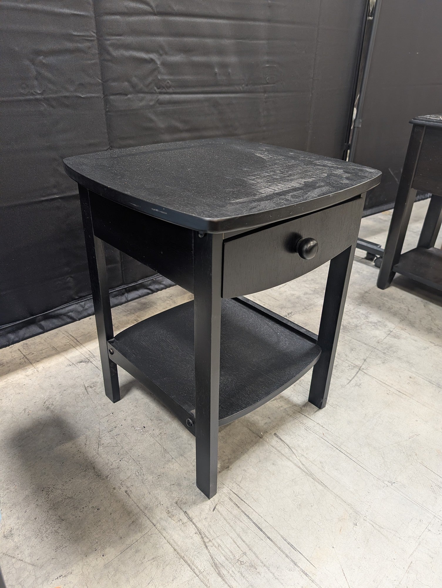 Compact Black Wood Nightstand End Table with Drawer and Shelf