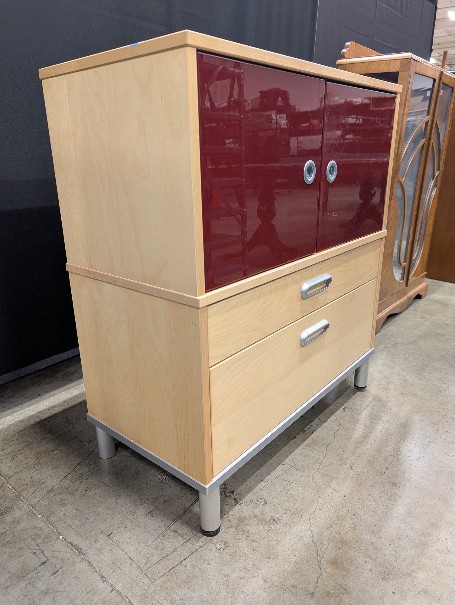 Ikea Two-Tone Wood and Red Accent Cabinet with Drawers