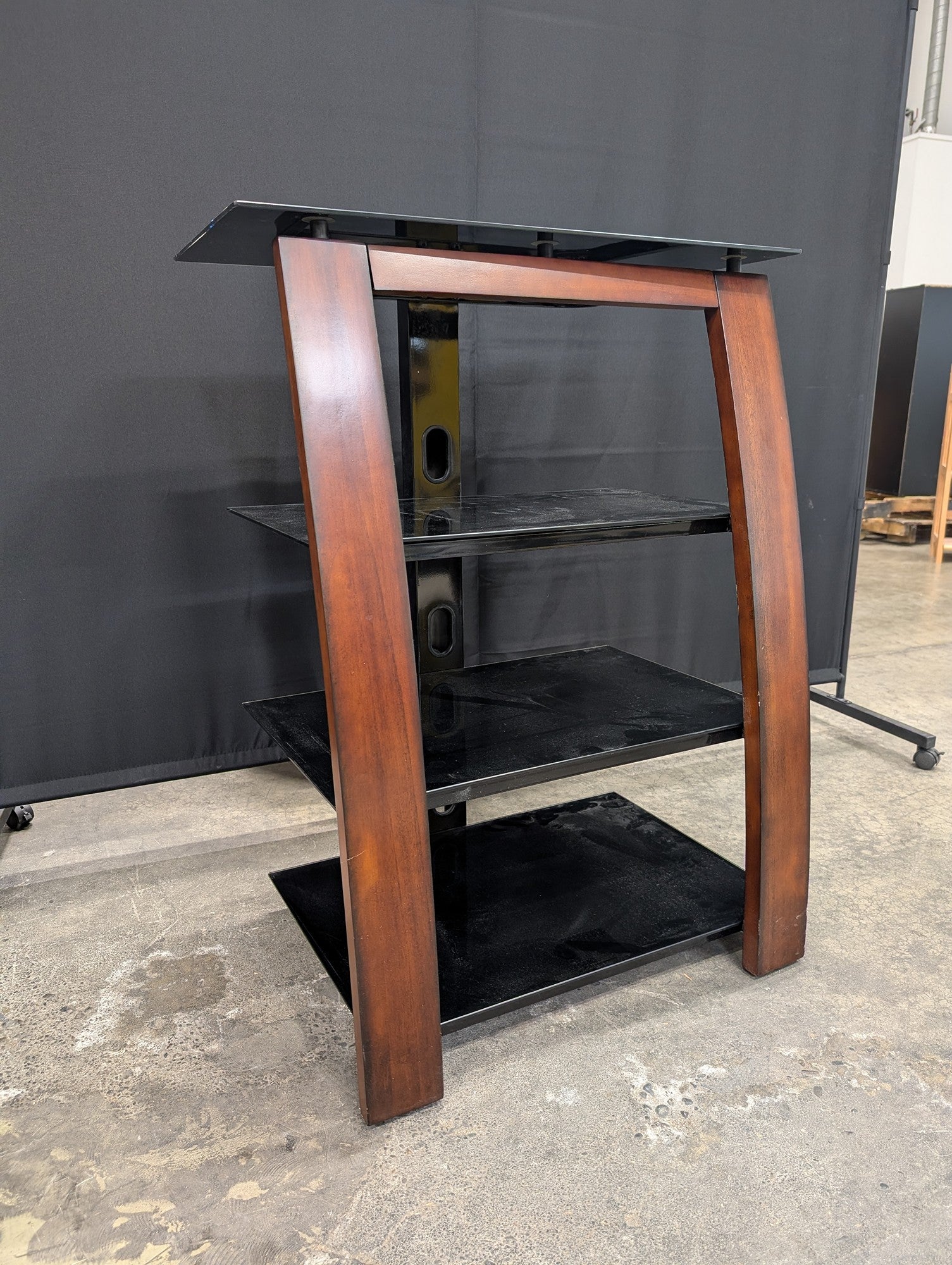 Dark Wood Four-Shelf TV Stand with Black Glass