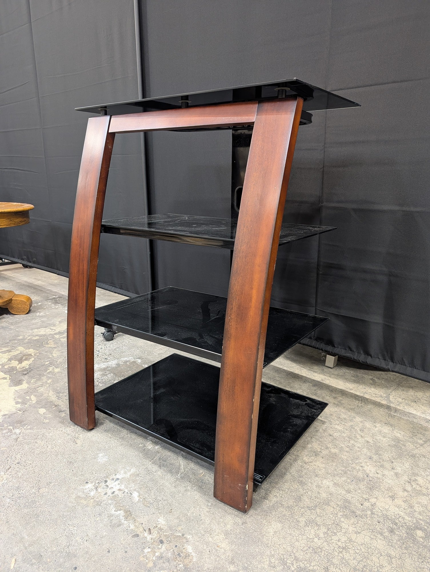 Dark Wood Four-Shelf TV Stand with Black Glass