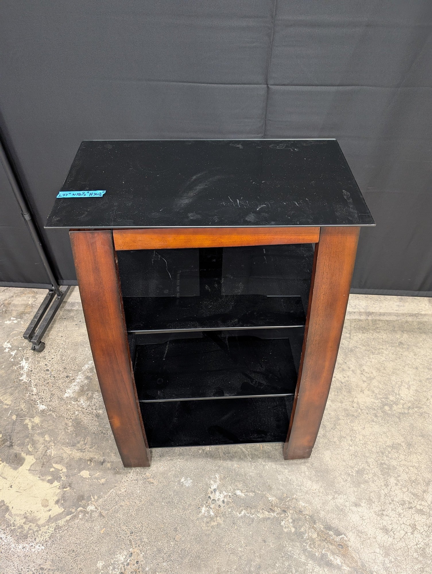 Dark Wood Four-Shelf TV Stand with Black Glass