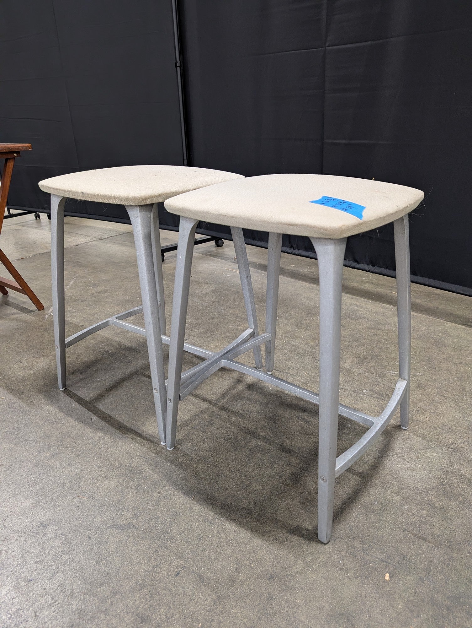 Pair of Grey Metal Bar Stools with Upholstered Seats