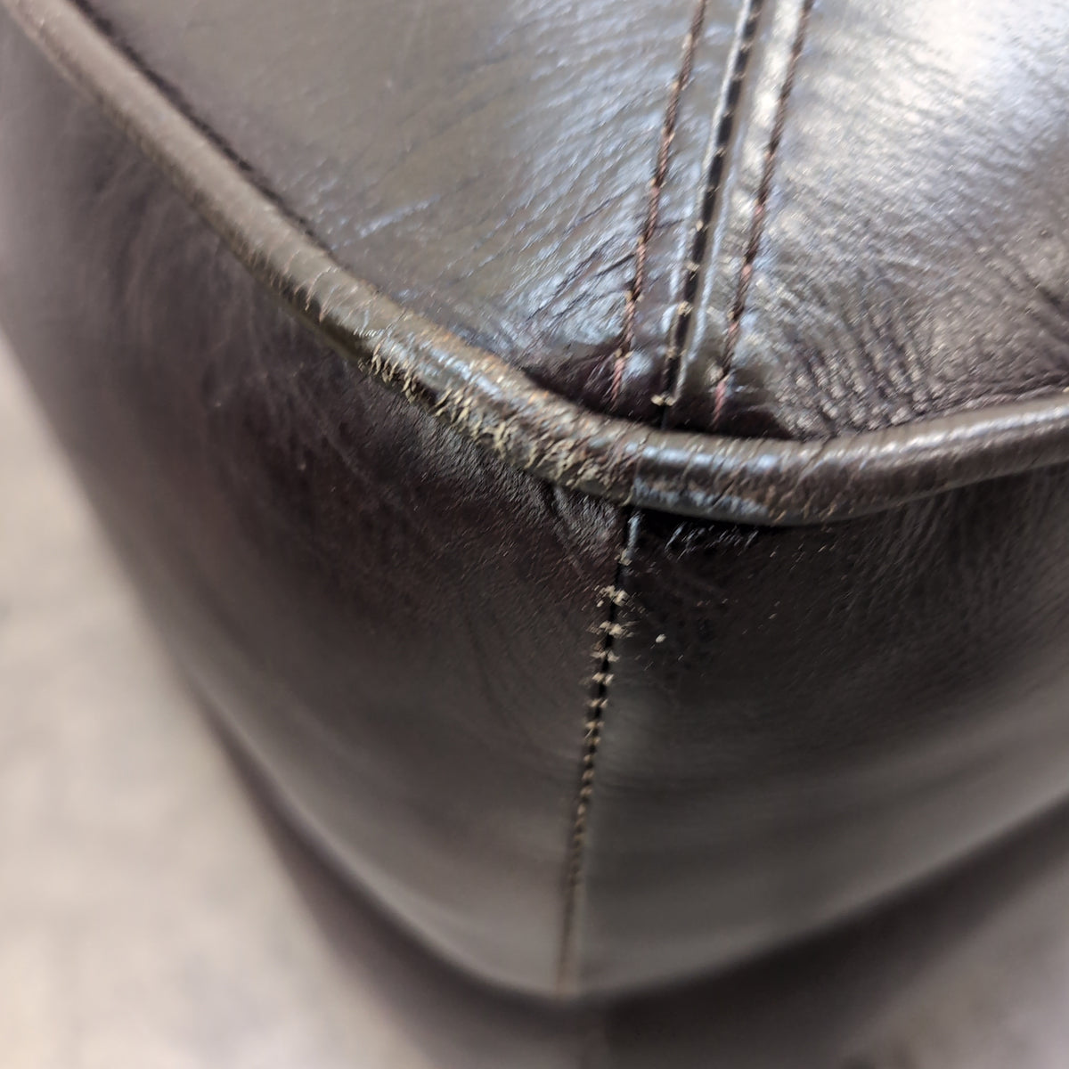 Dark Brown Leather Square Ottoman with Turned Wood Feet