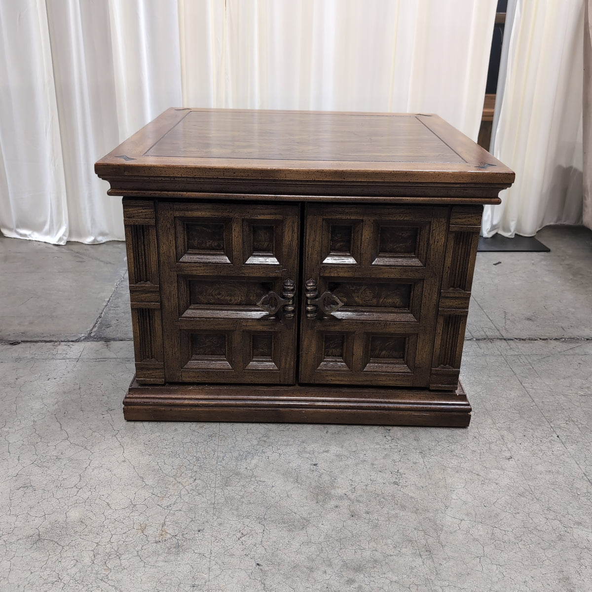 Vintage Carved Wood End Table with Cabinet Doors