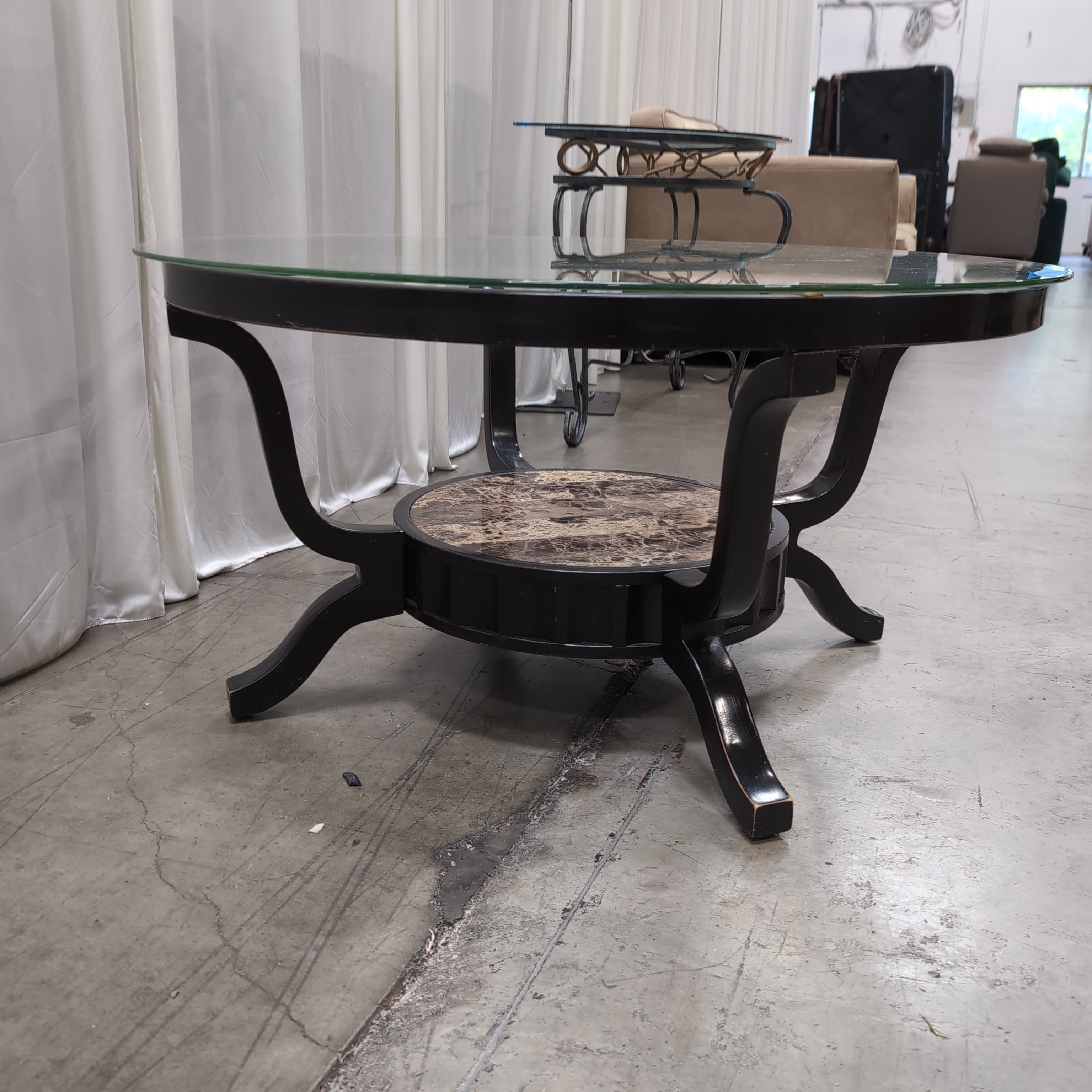 Black Metal Oval Coffee Table in Glass and Faux Marble