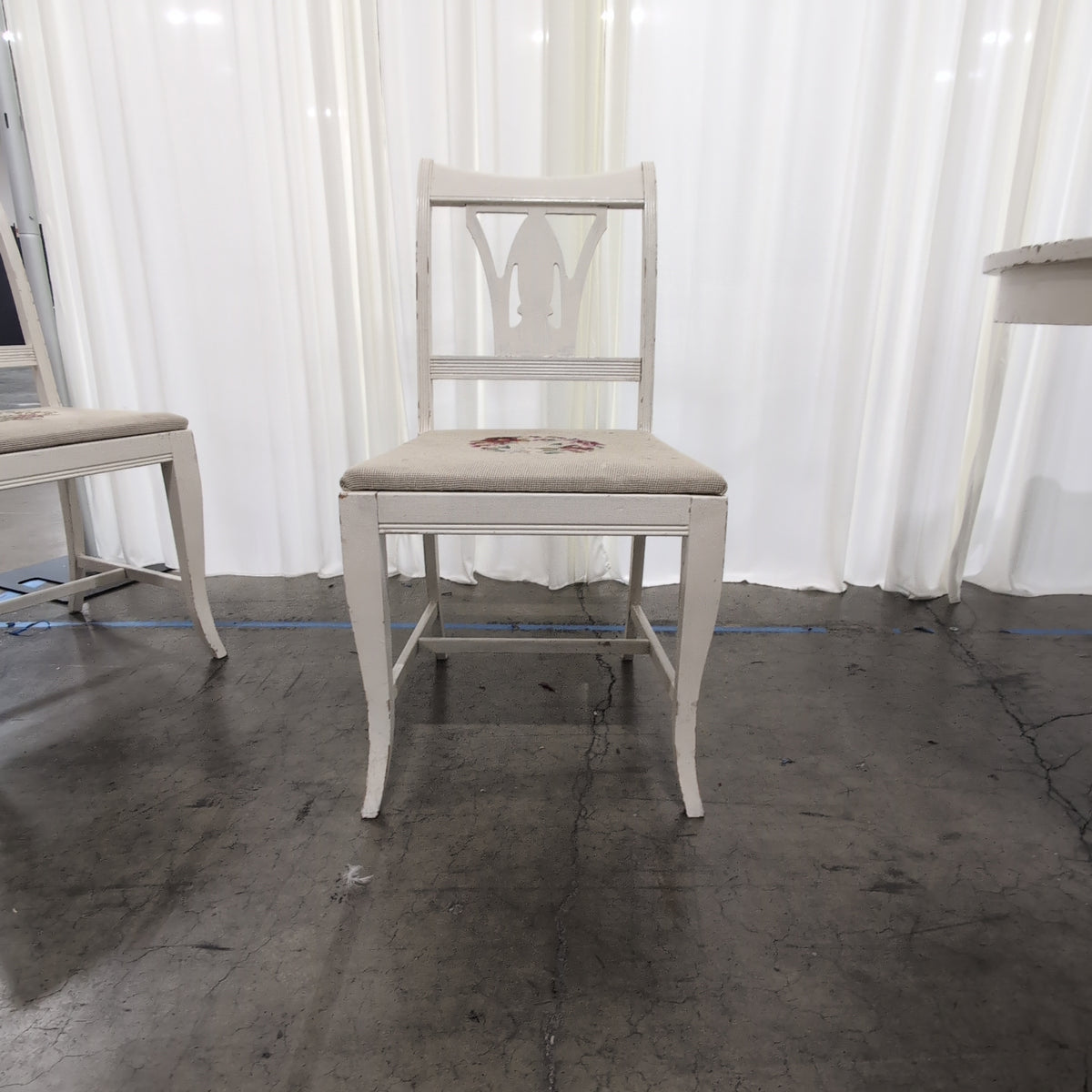 French Provincial Cream Wood Dining Chair with Floral Needlepoint Set of 3