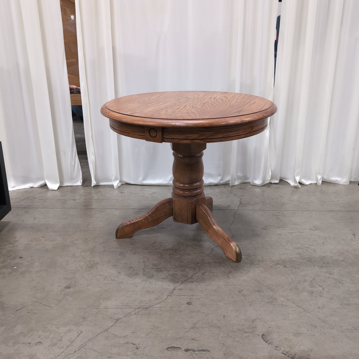 Round Brown Wood End Table with Pedestal Base