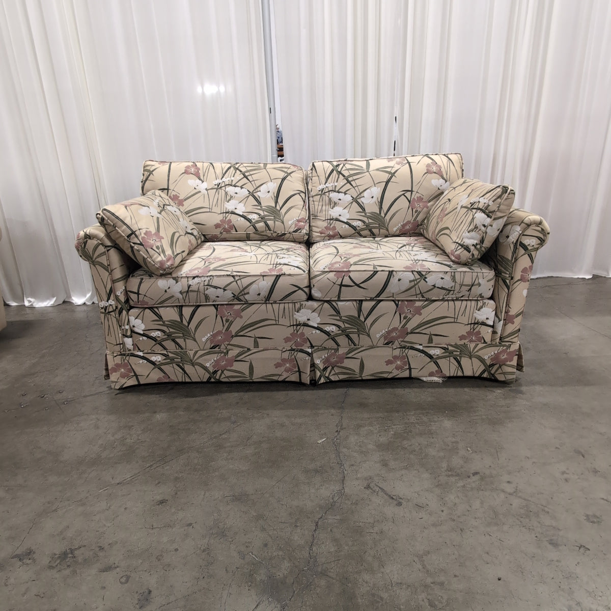 Ethan Allen Beige Floral Upholstered Rolled Arm Couch