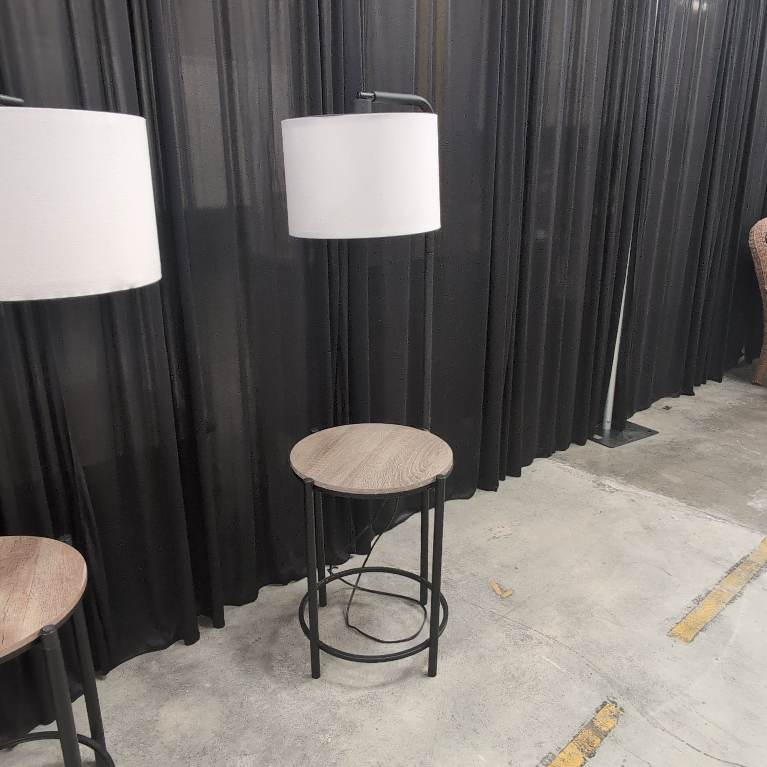 Black Metal Floor Lamp with Round Wood Table