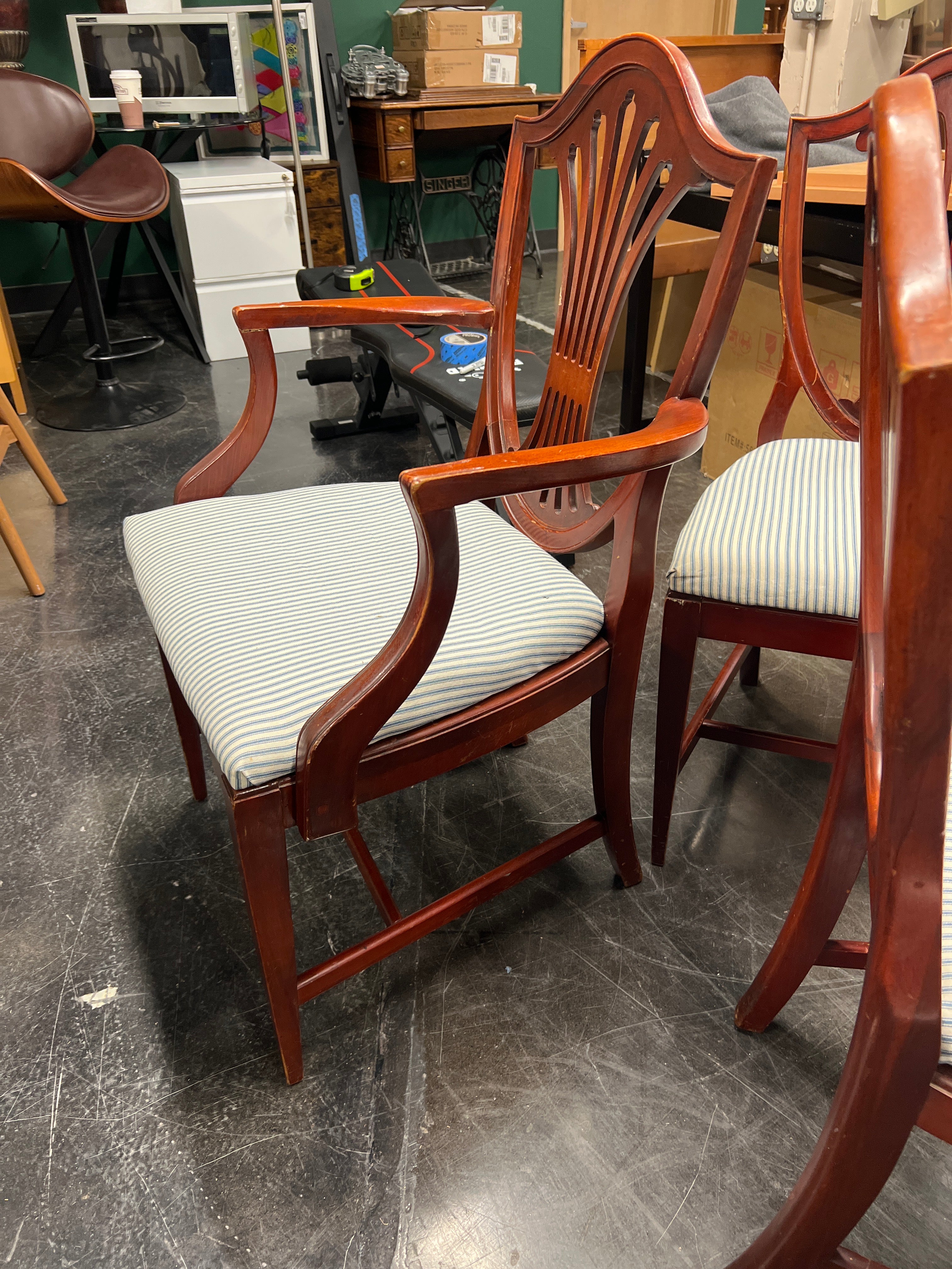 Classic Hardwood Dining Chair with Blue Stripe Seat (With Arms)