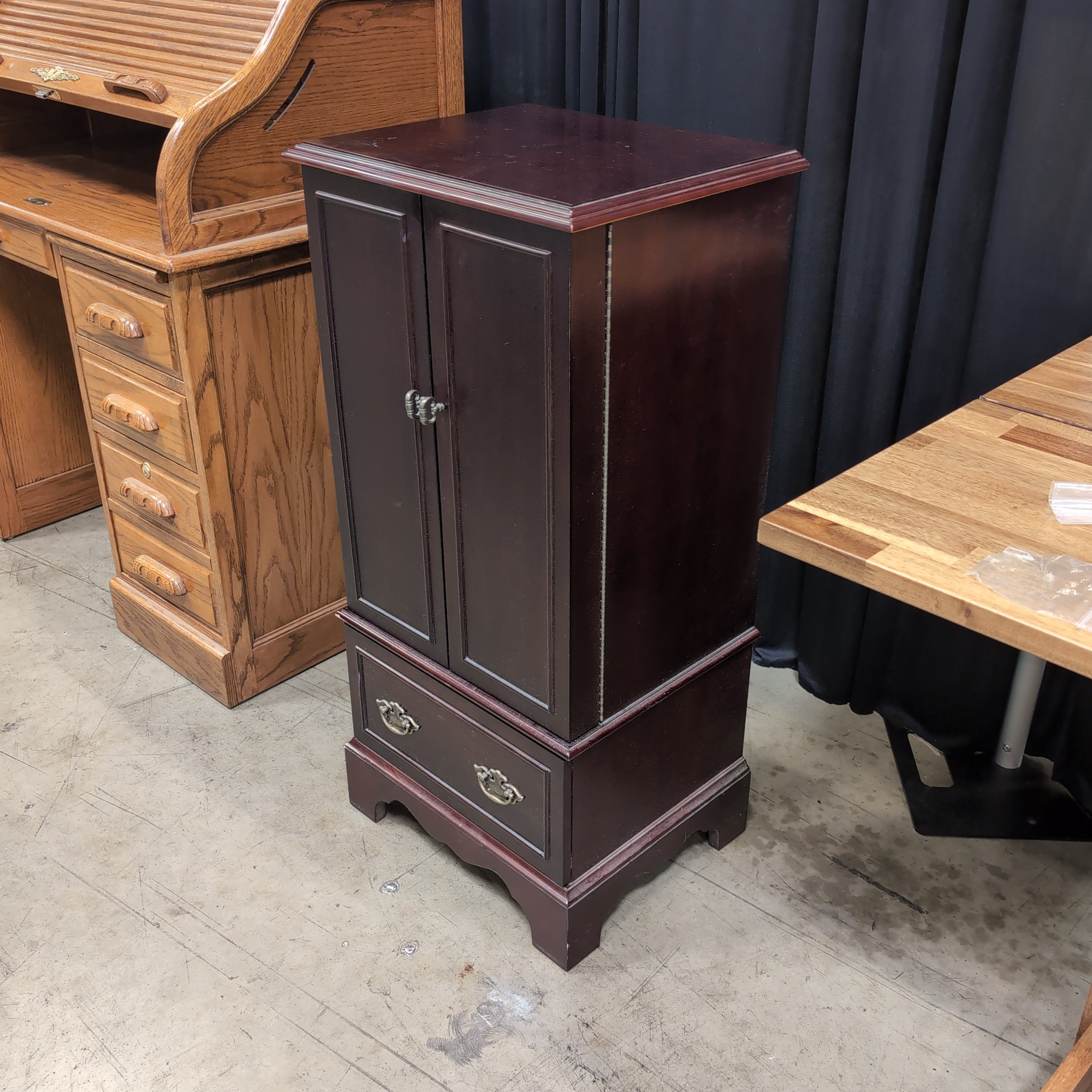 Dark Cherry Finish Wood Jewelry Armoire with Ornate Hardware