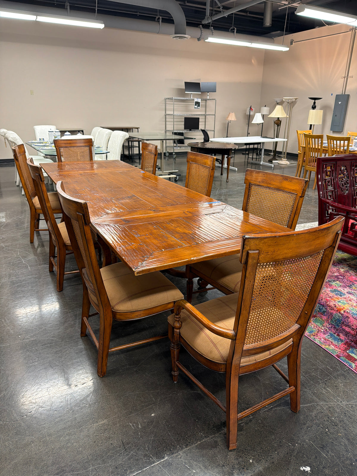 Acquisitions by Henredon 9-Piece Dining Set, Trestle Extension Table and 8 Cane Back Chairs