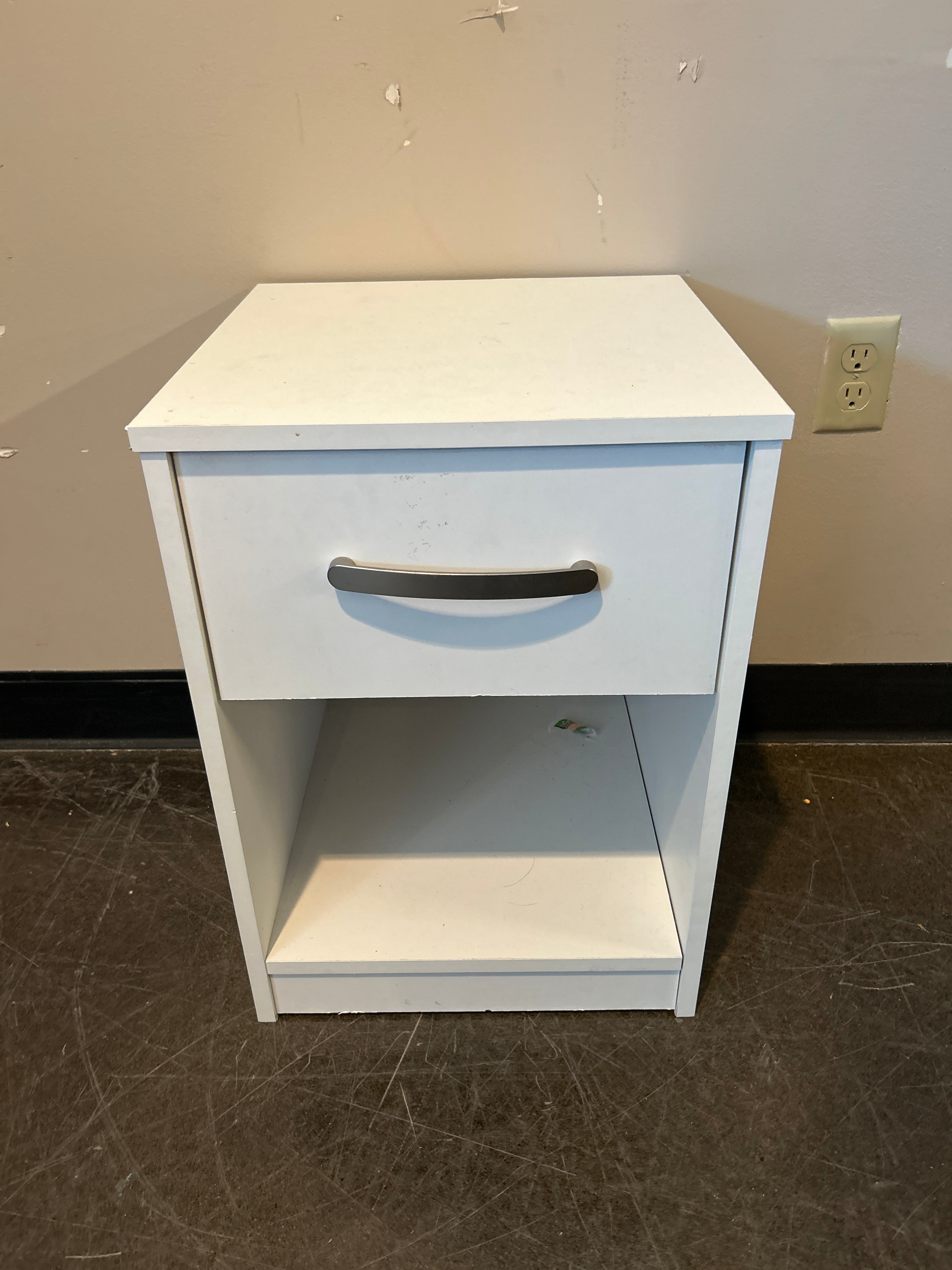 White Laminate Nightstand with Drawer and Shelf
