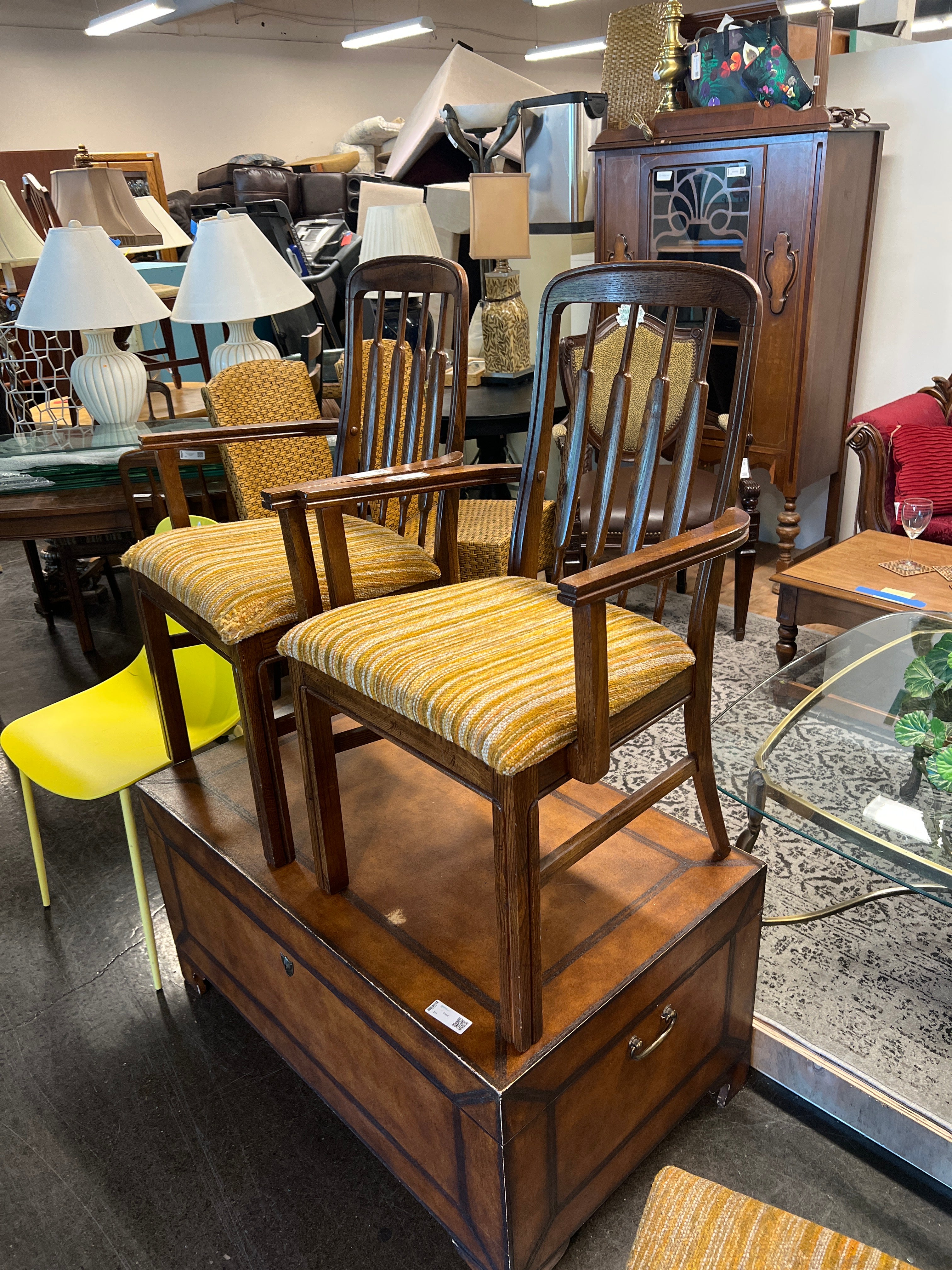 Mid-Century Solid Wood Armchair with Gold Striped Upholstery