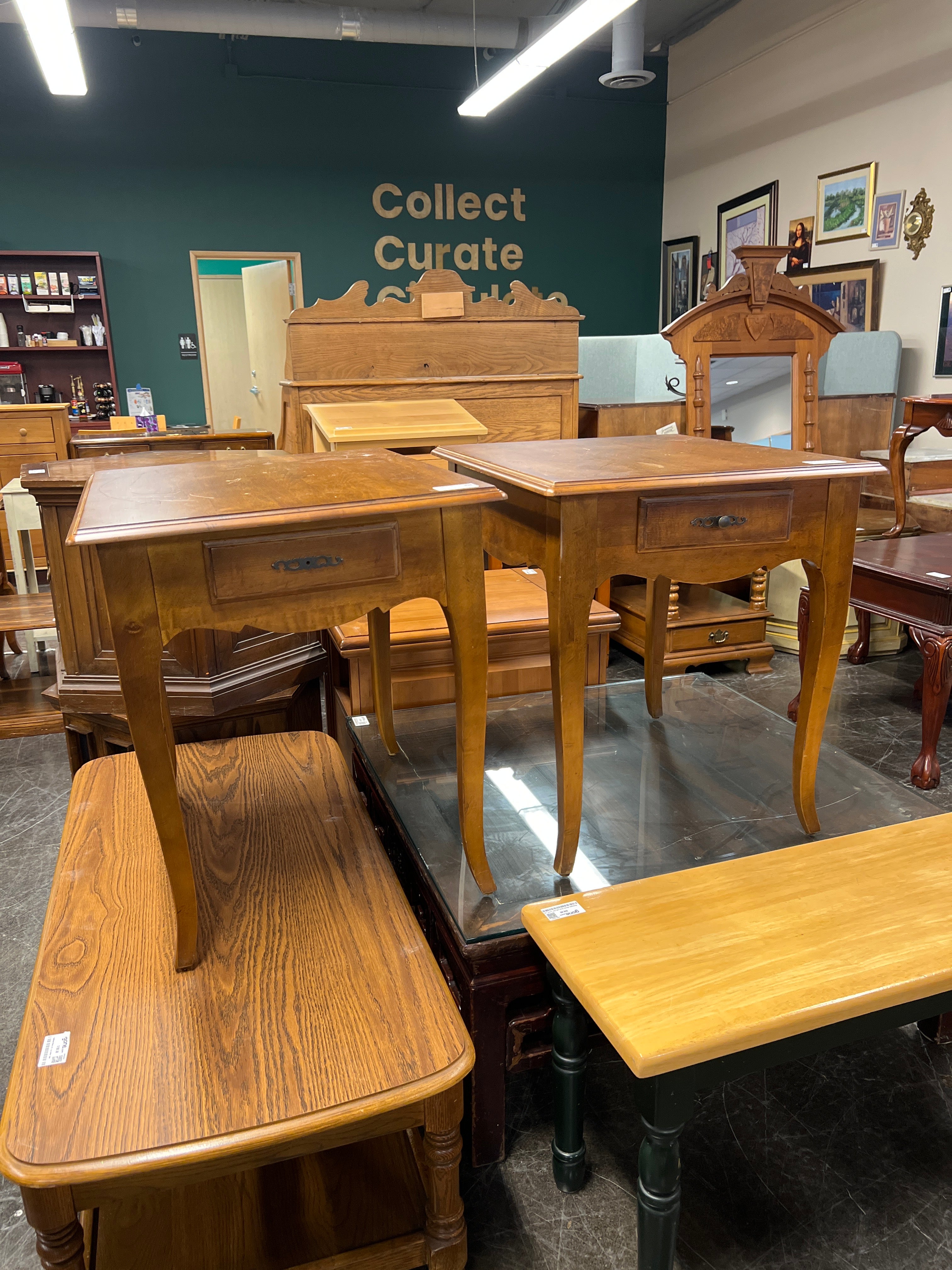 Pair of Ethan Allen Traditional Brown Wood Side Table with Storage Drawer