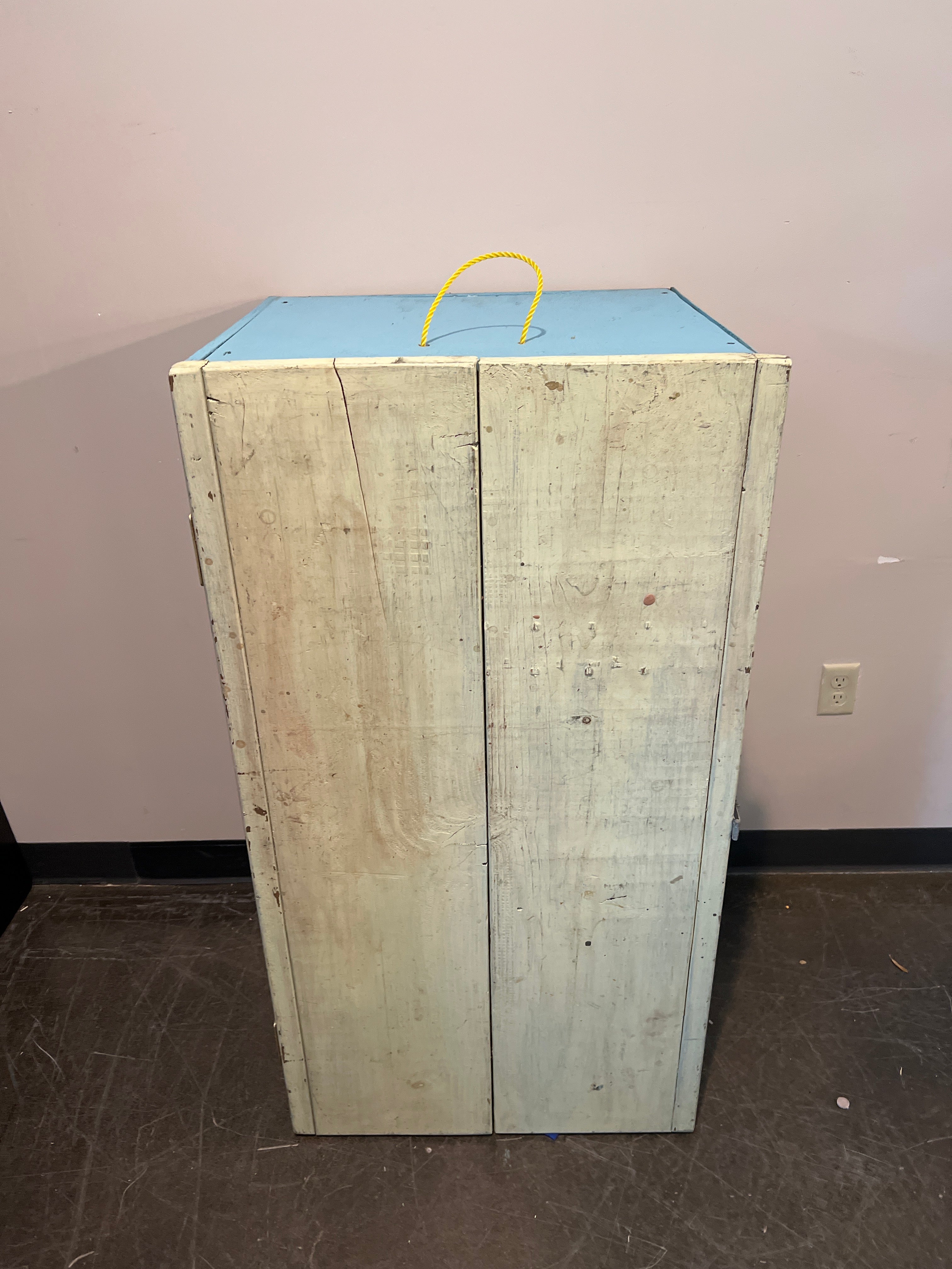 Handmade Painted Wooden Cabinet with Blue Top and Rope Handle