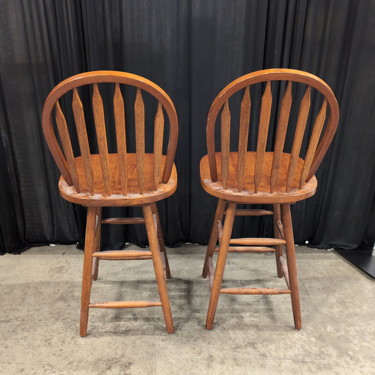 Pair of Warm Brown Wood Bar Stools with Spindle Backs