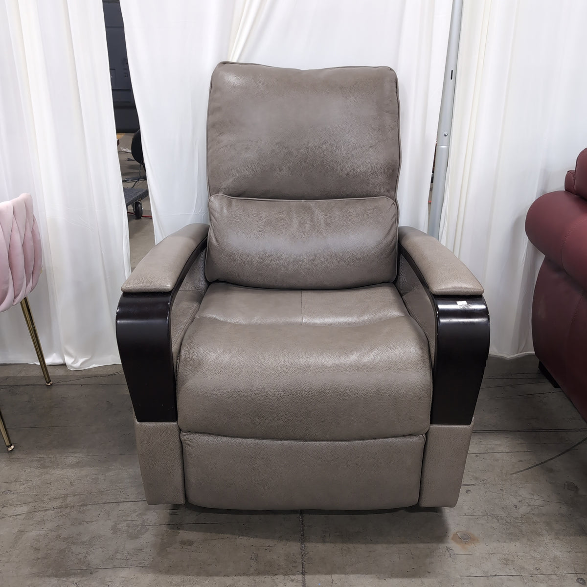 Taupe Upholstered Recliner with Glossy Arm Panels