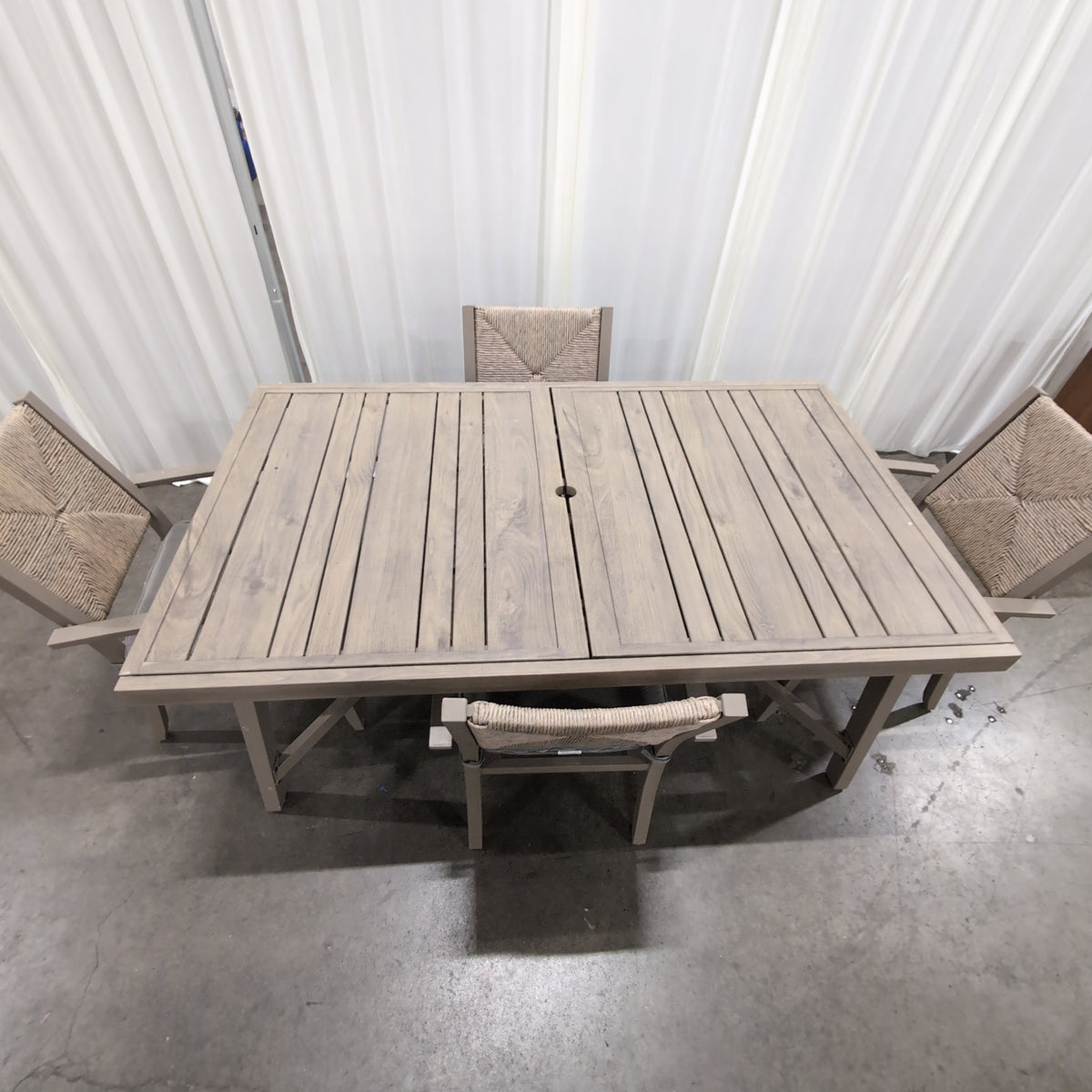 Rectangular Slatted Wood Outdoor Dining Table with Umbrella Hole