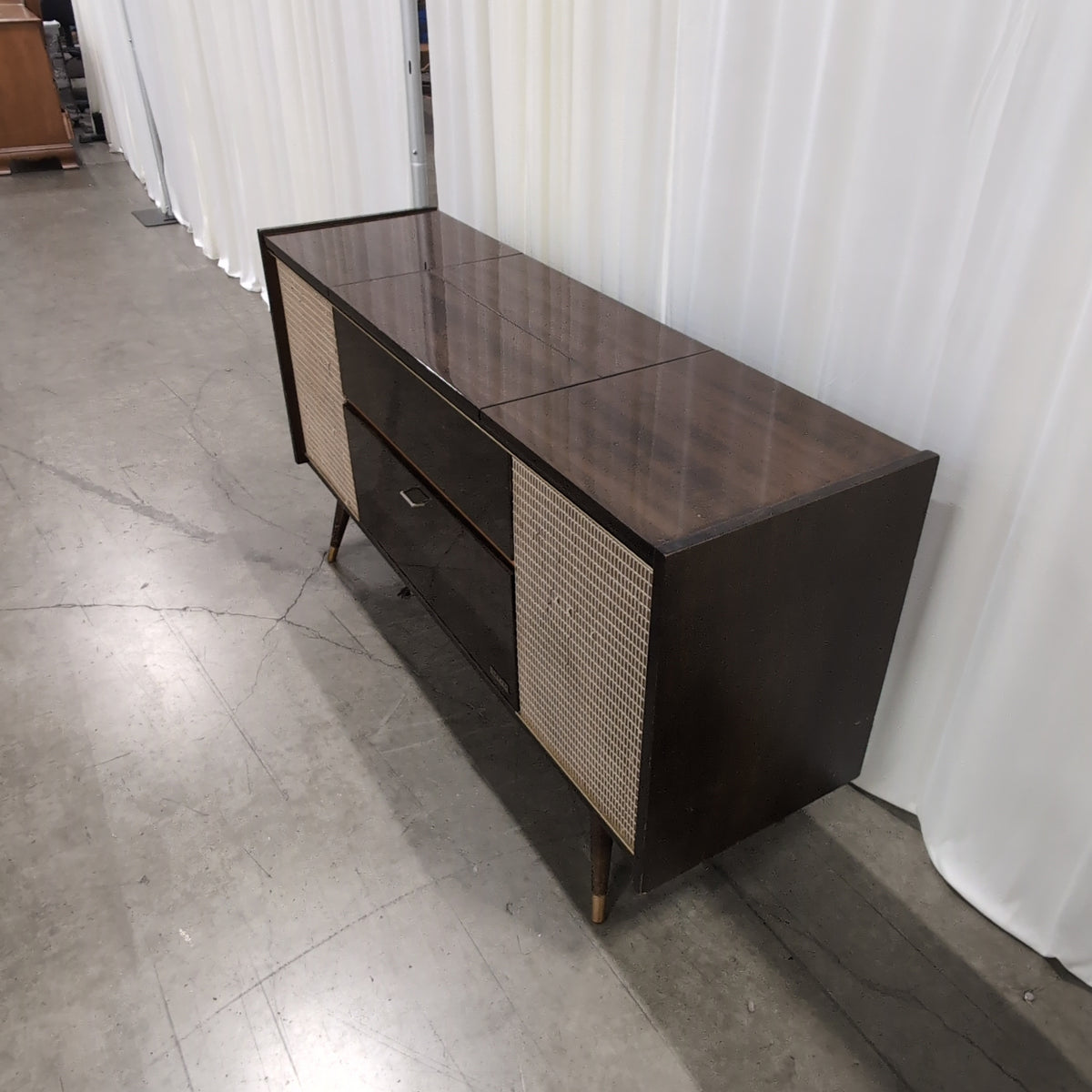 Mid-Century Dark Wood Stereo Console with Woven Grilles