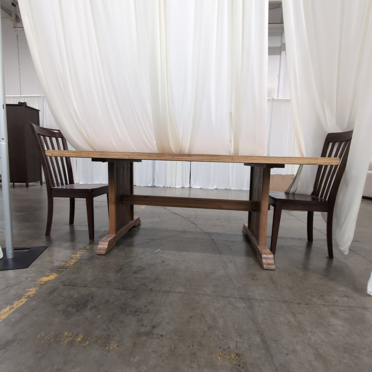 Wood Plank Top Dining Table with Trestle Base
