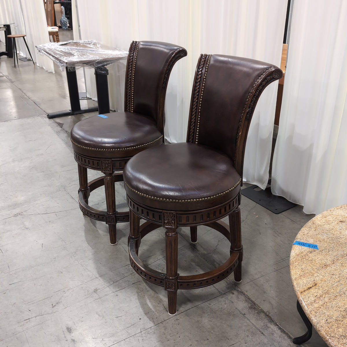 Pair of Dark Brown Upholstered Swivel Bar Stool with Nailhead Trim