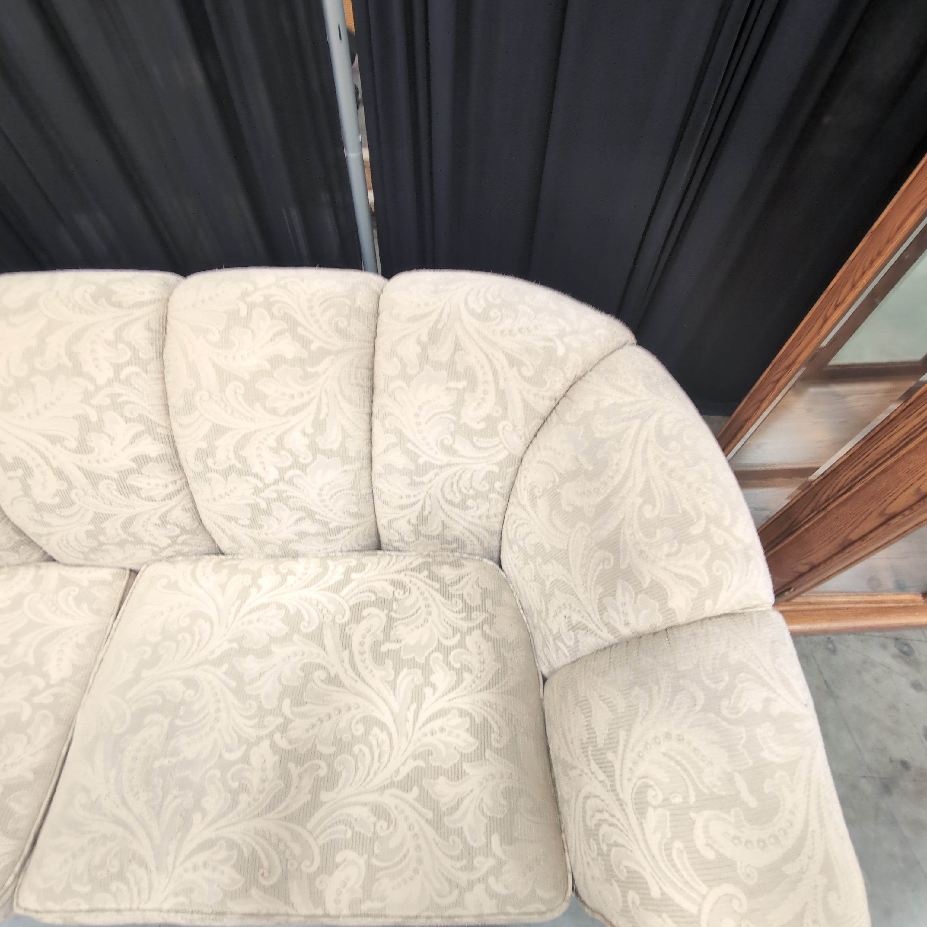 Traditional Beige Patterned Couch with Rolled Arms