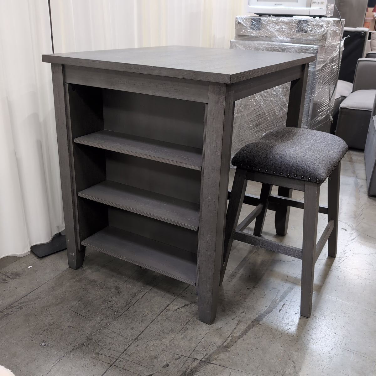 Grey Wood Kitchen Island with Open Shelves