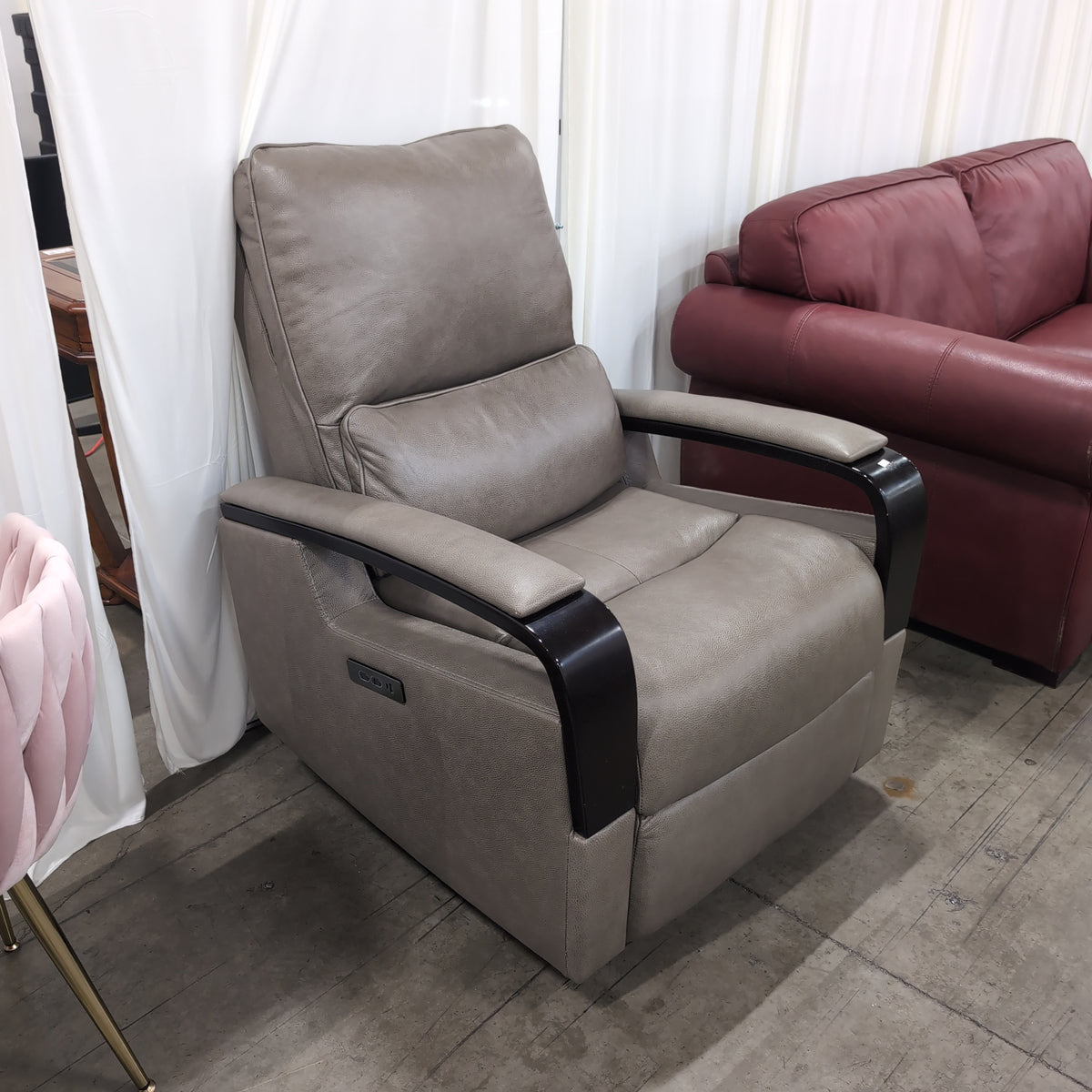 Taupe Upholstered Recliner with Glossy Arm Panels