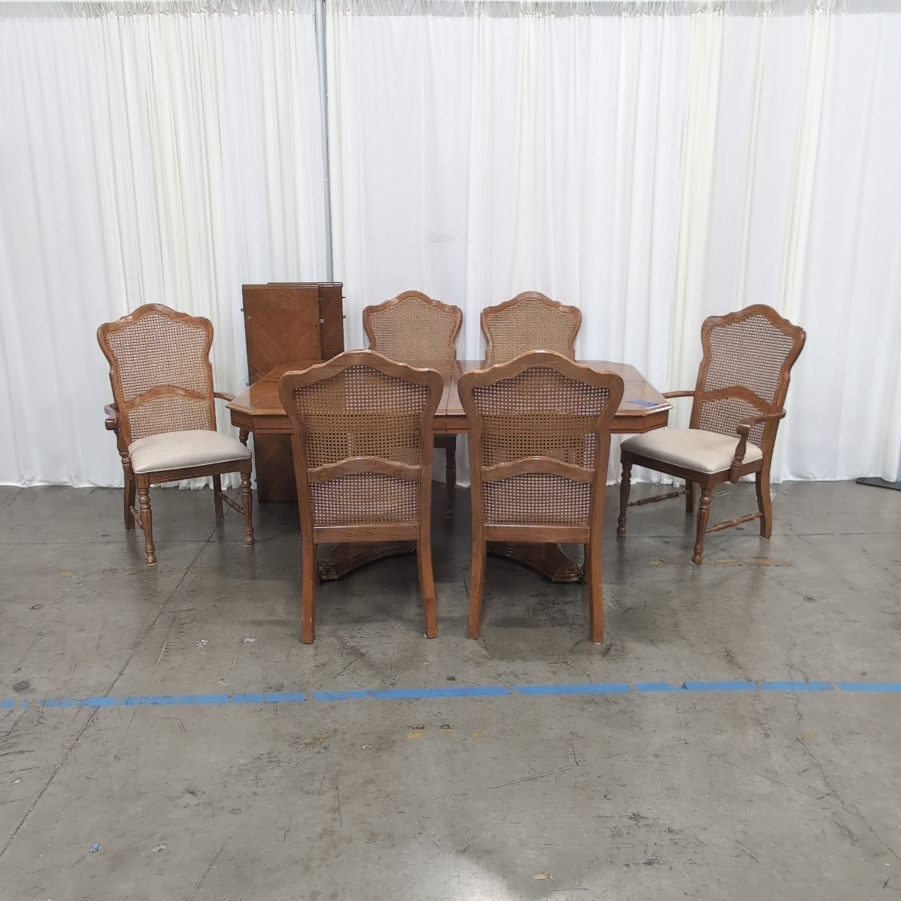 Traditional Cane Back Wood Dining Table with Six Chairs