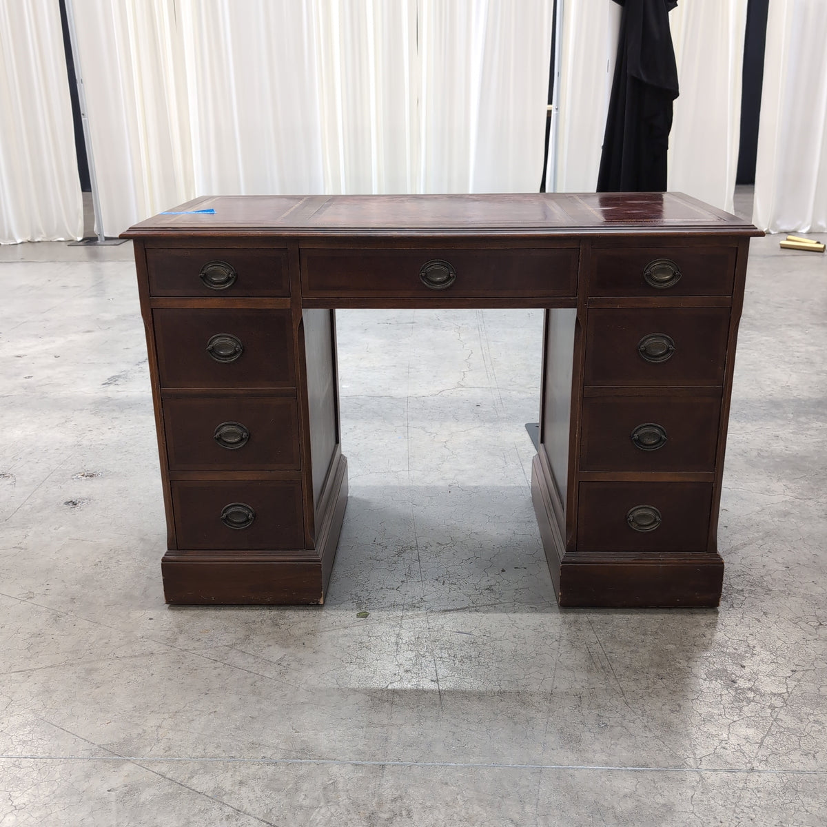 Traditional Dark Wood Pedestal Desk with Inlaid Top