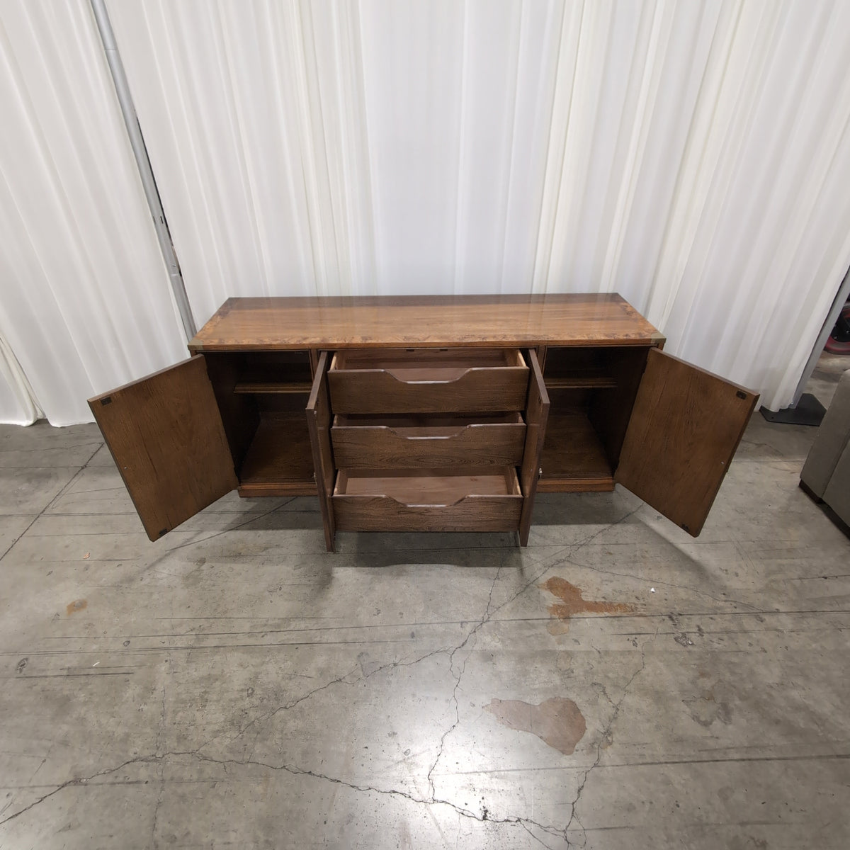 Warm Brown Burl Wood Buffet with Brass Accents