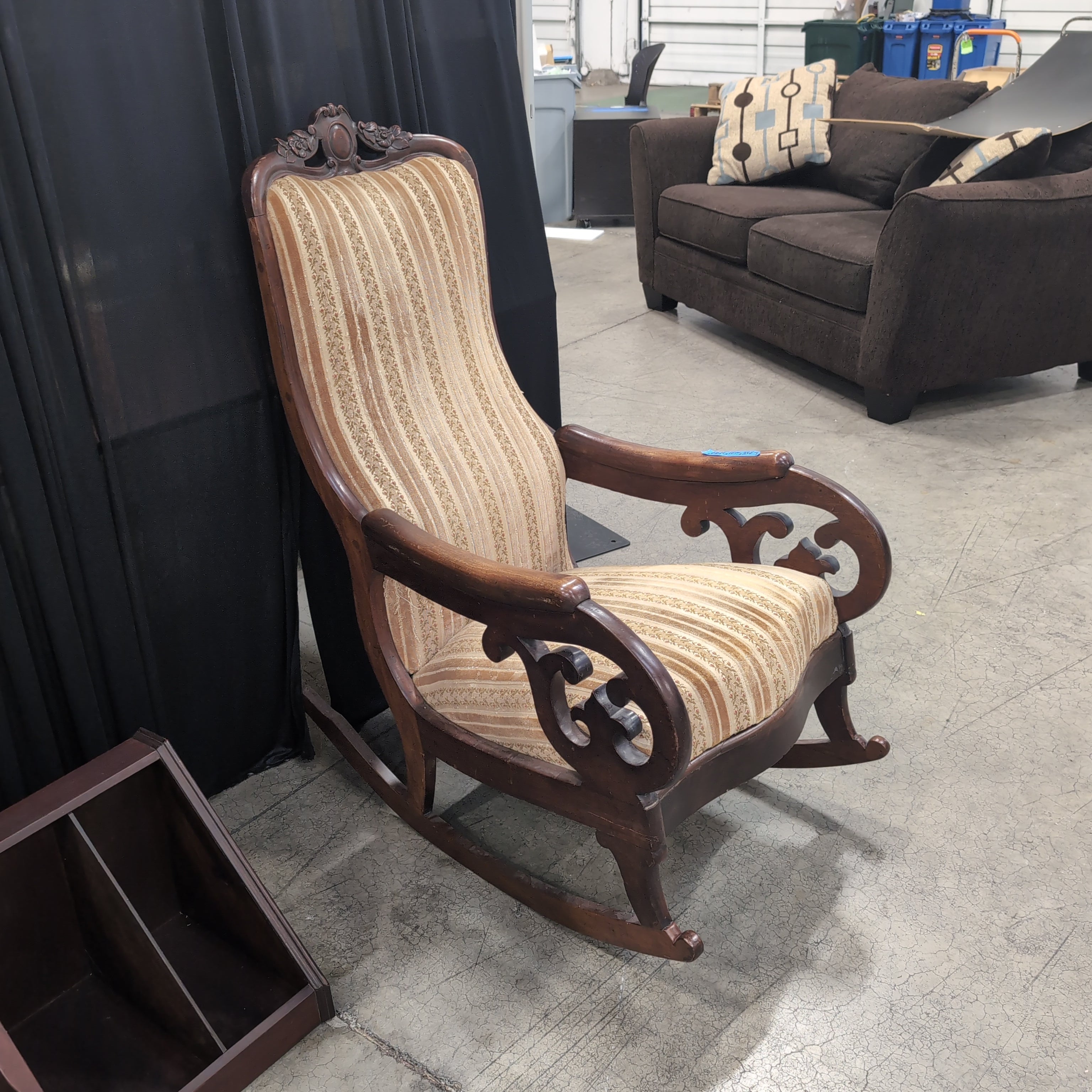 Ornate Carved Wood Upholstered Armchair with Floral Stripes