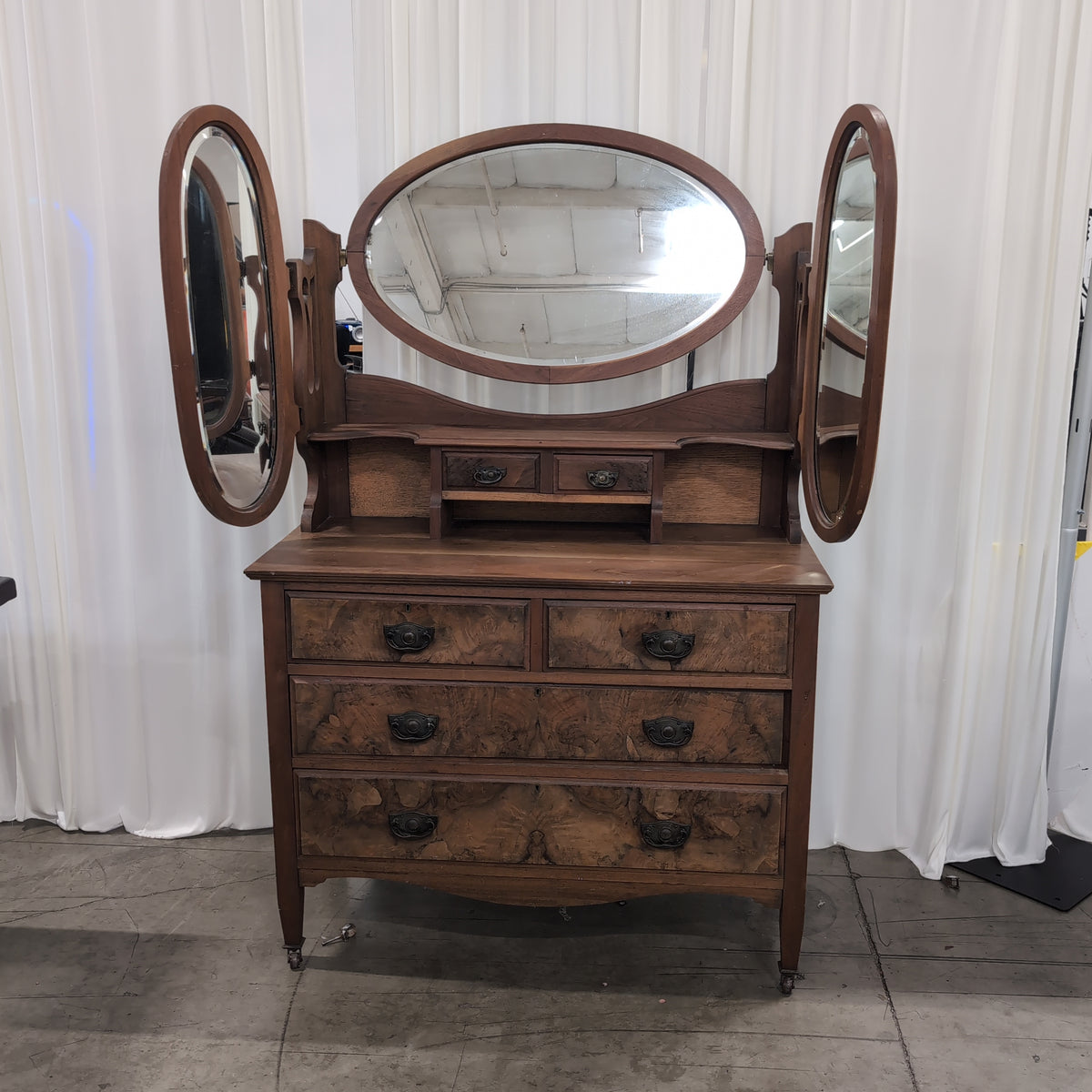 Antique Wood Dresser with Decorative Hutch Top