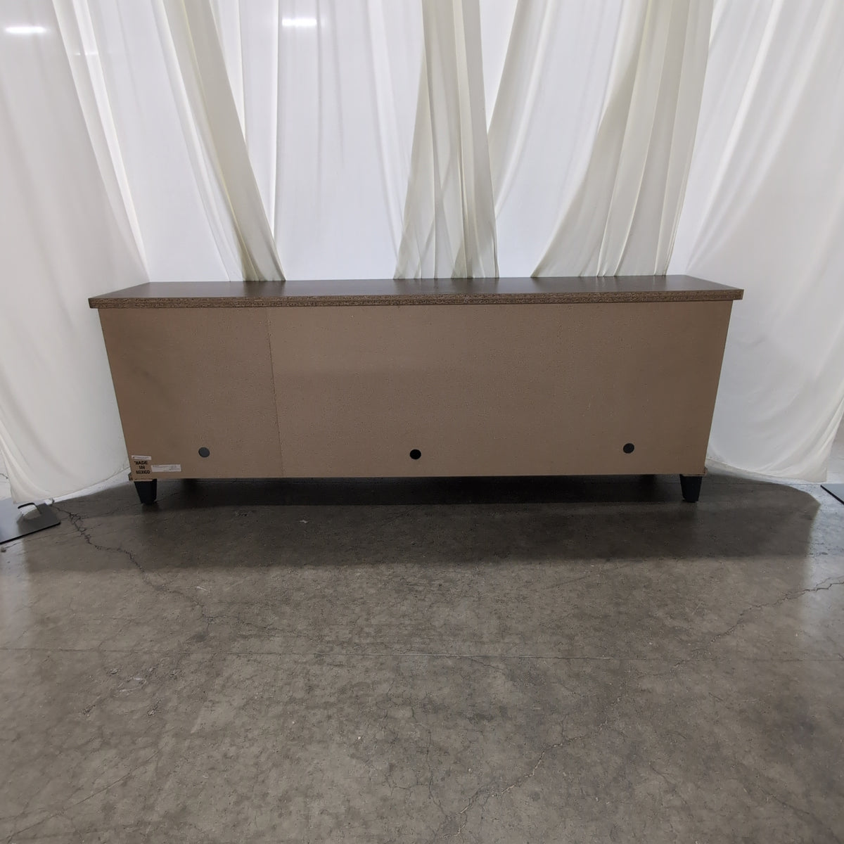 Dark Wood and Gray TV Stand with Decorative Glass Doors