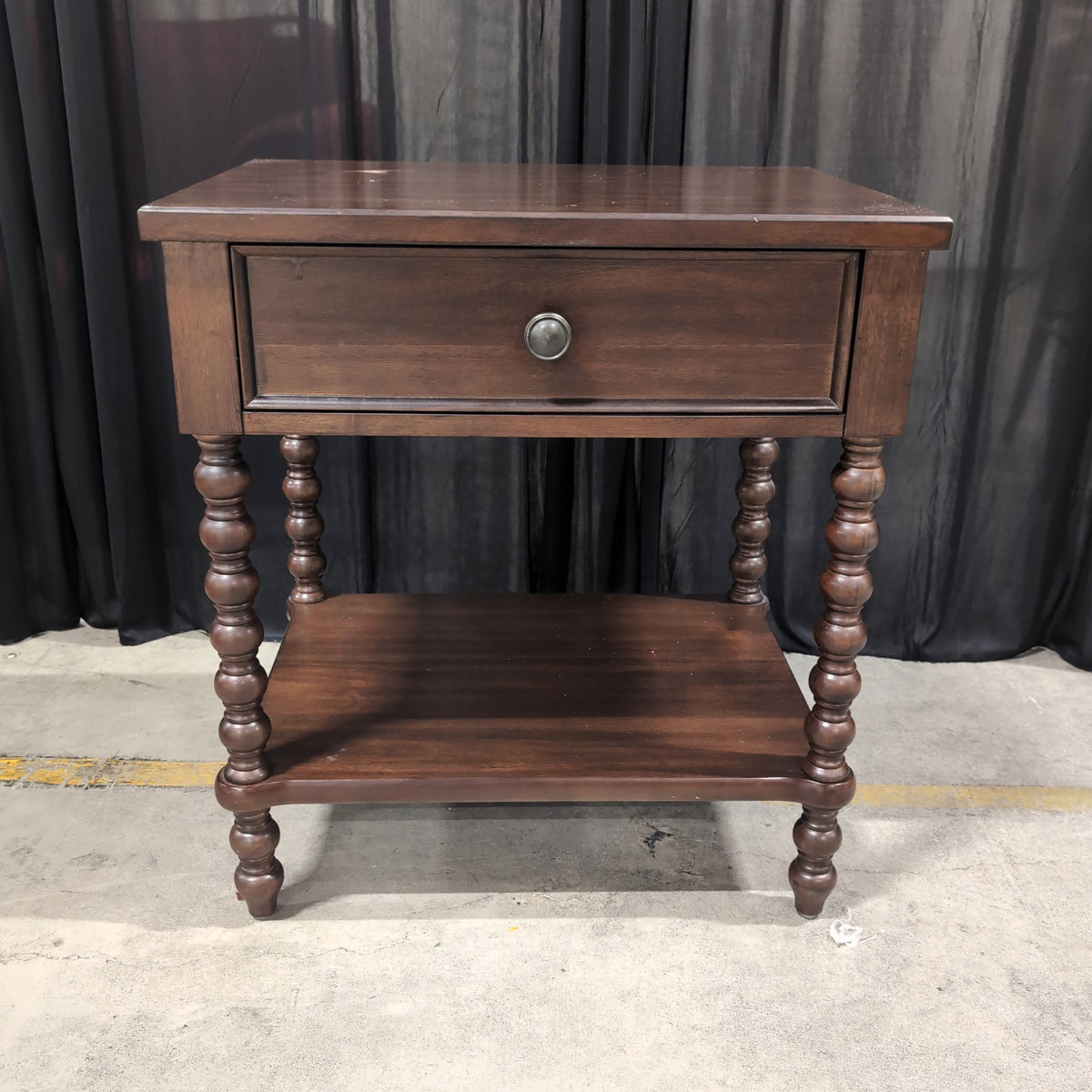 Dark Wood Single Drawer Nightstand with Bobbin Legs