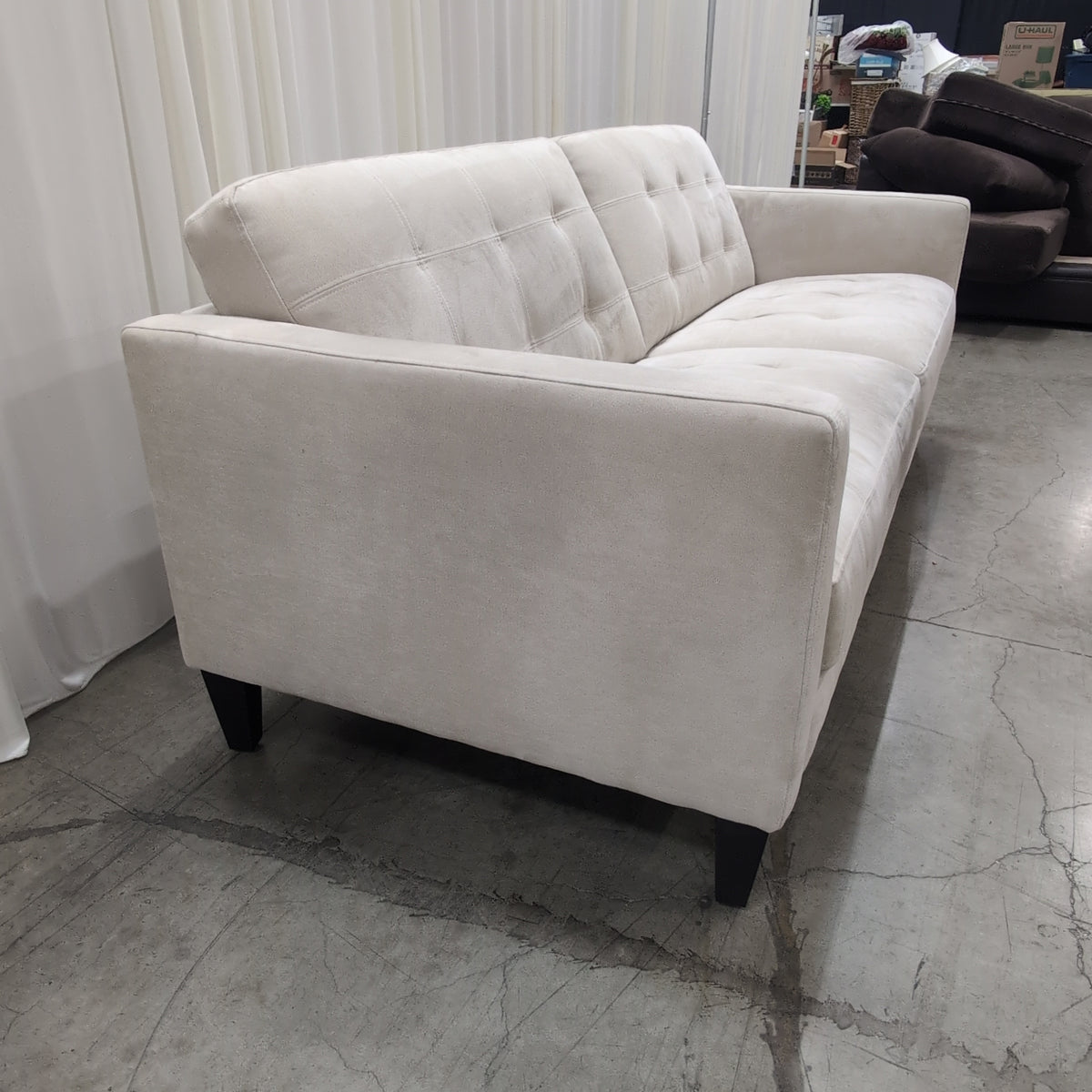 Light Beige Fabric Couch with Tufted Back Cushions