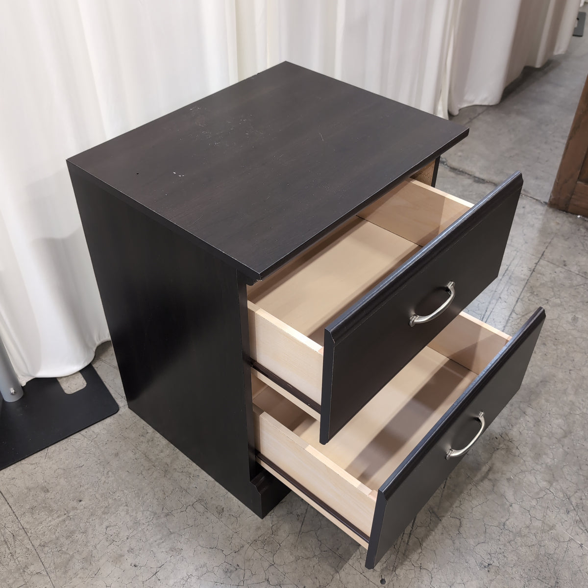 Dark Espresso Two-Drawer Nightstand with Silver Pulls