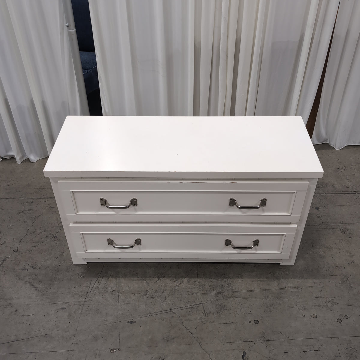 White Two-Drawer Nightstand with Metal Pulls