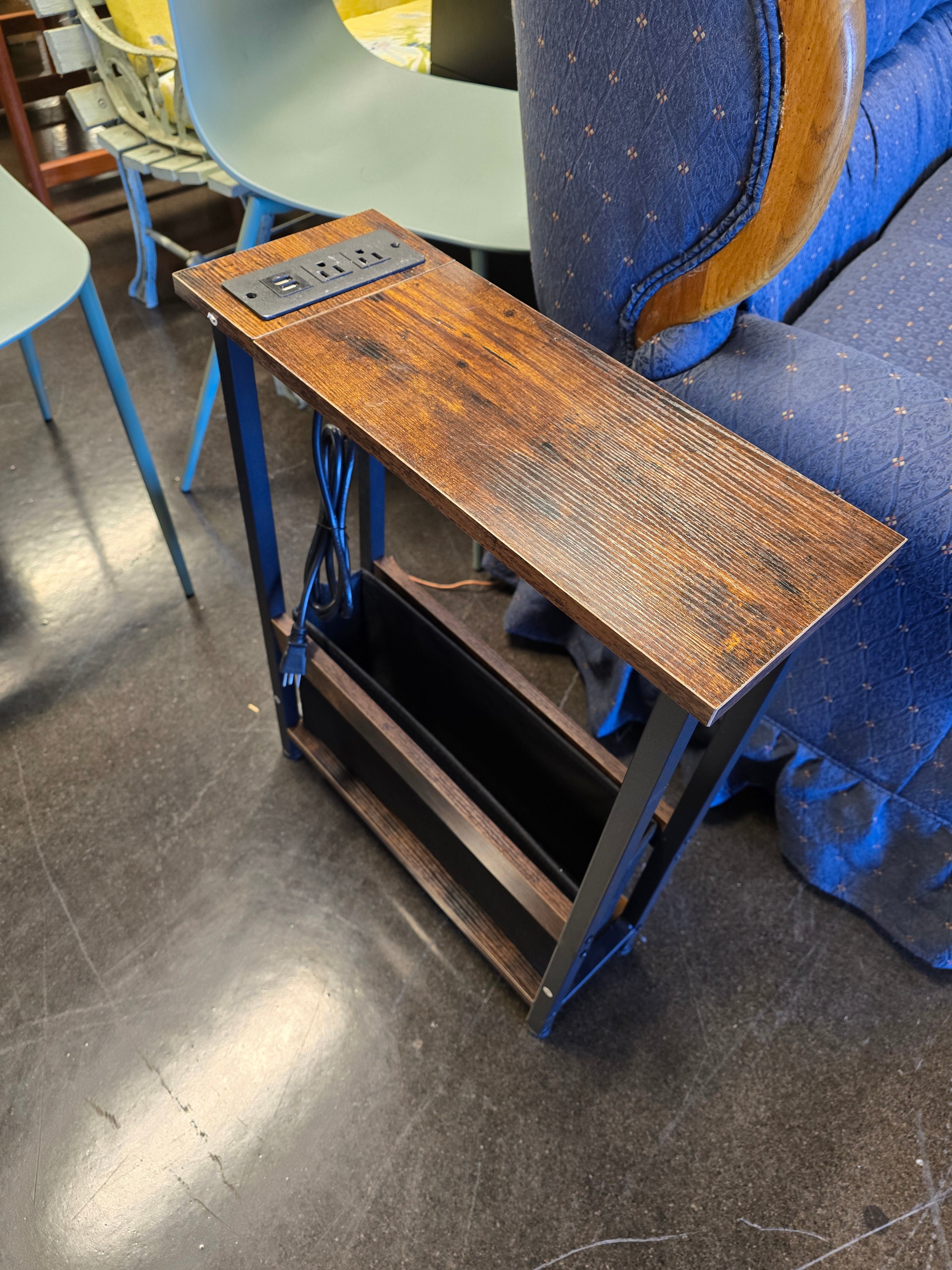 Side Table with Basket and Power  Outlet.