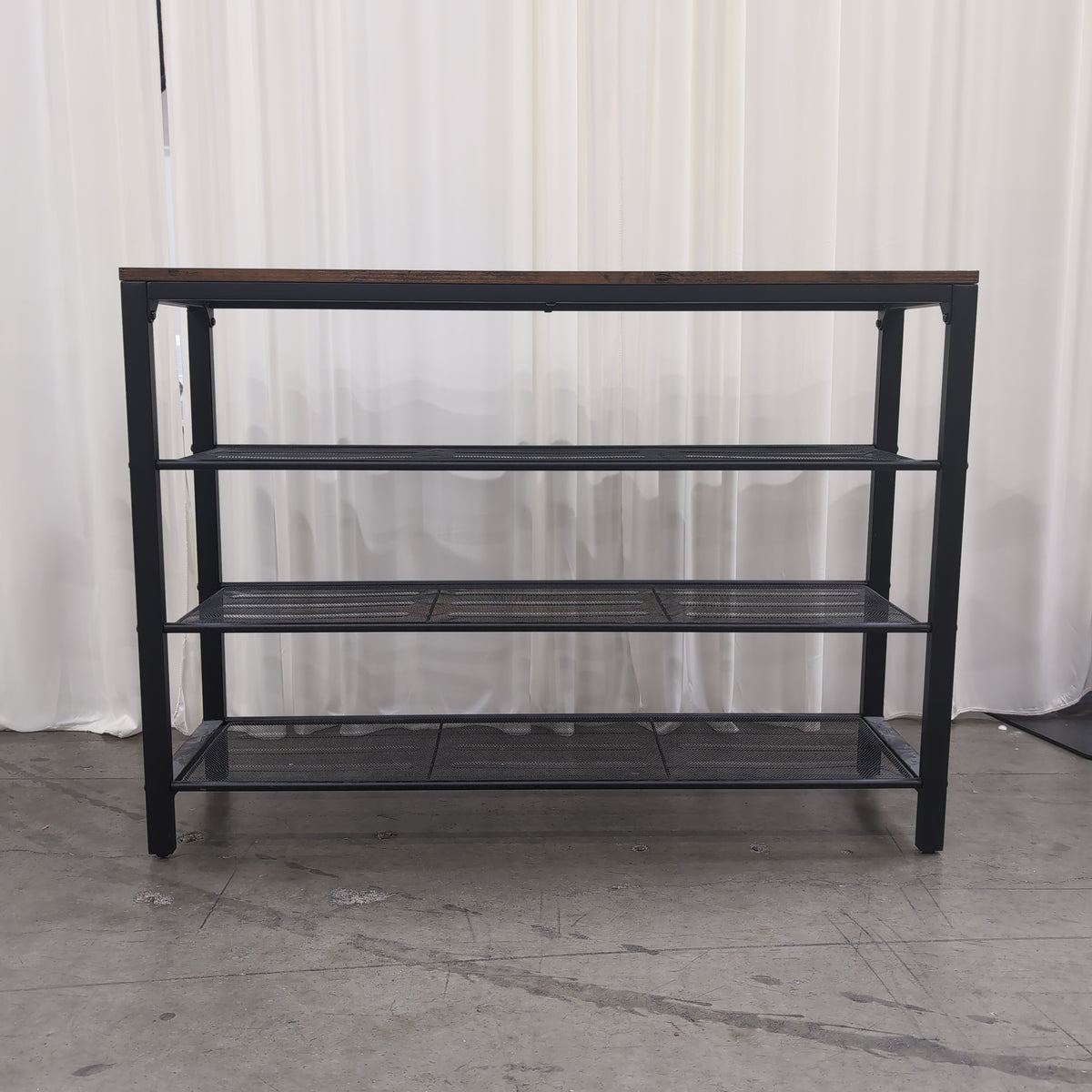 Industrial Brown Wood-Look Console Table with Mesh Shelves