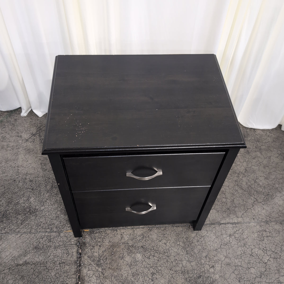 Dark Wood Two-Drawer Nightstand with Silver Handles