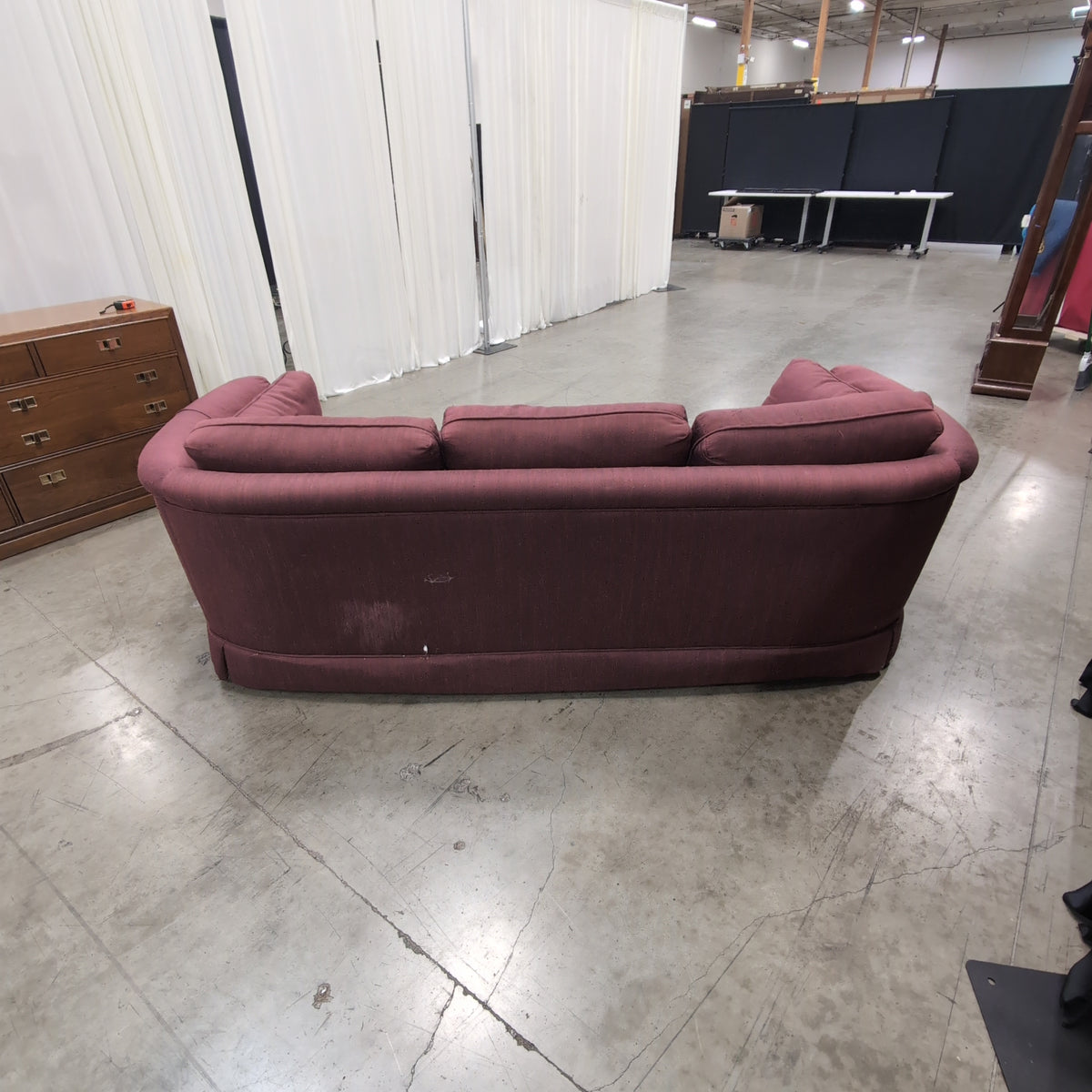 Traditional Burgundy Fabric Couch with Rolled Arms