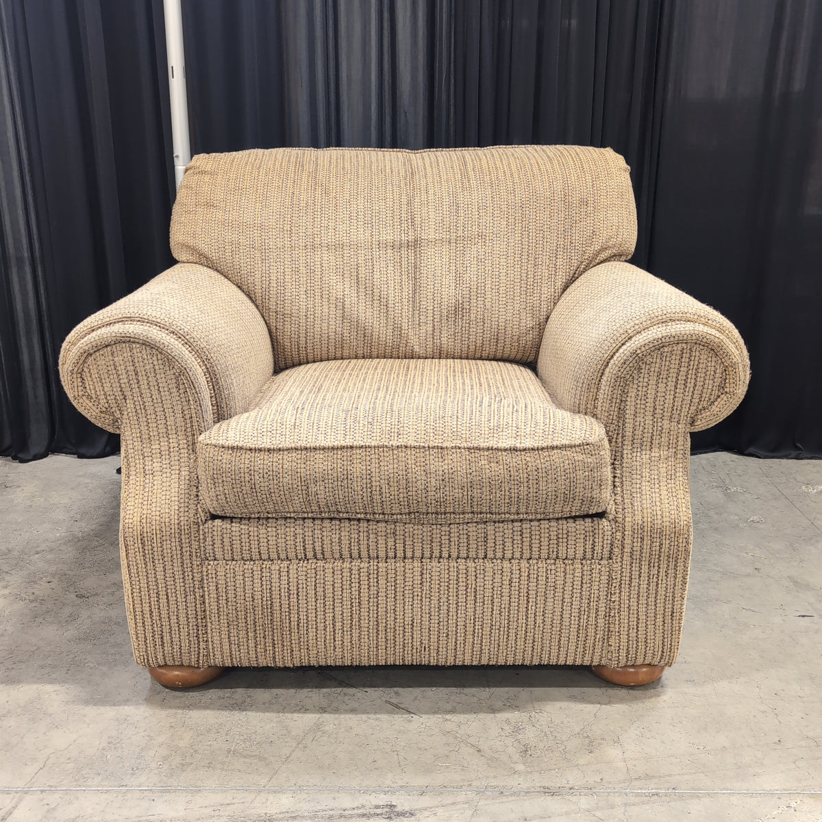 Tan Textured Fabric Armchair with Rolled Arms