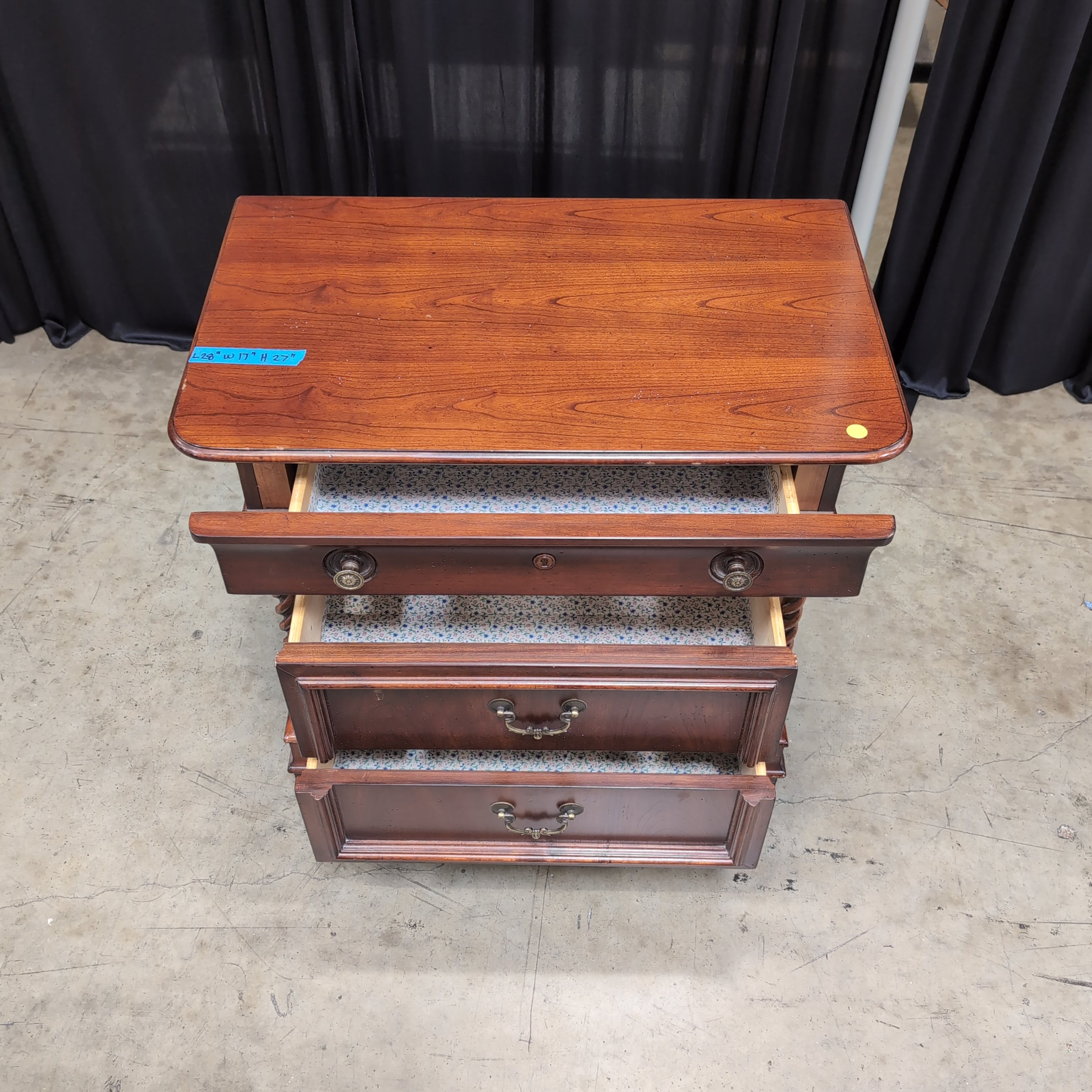 Cherry Finish Wood Nightstand with Ornate Hardware
