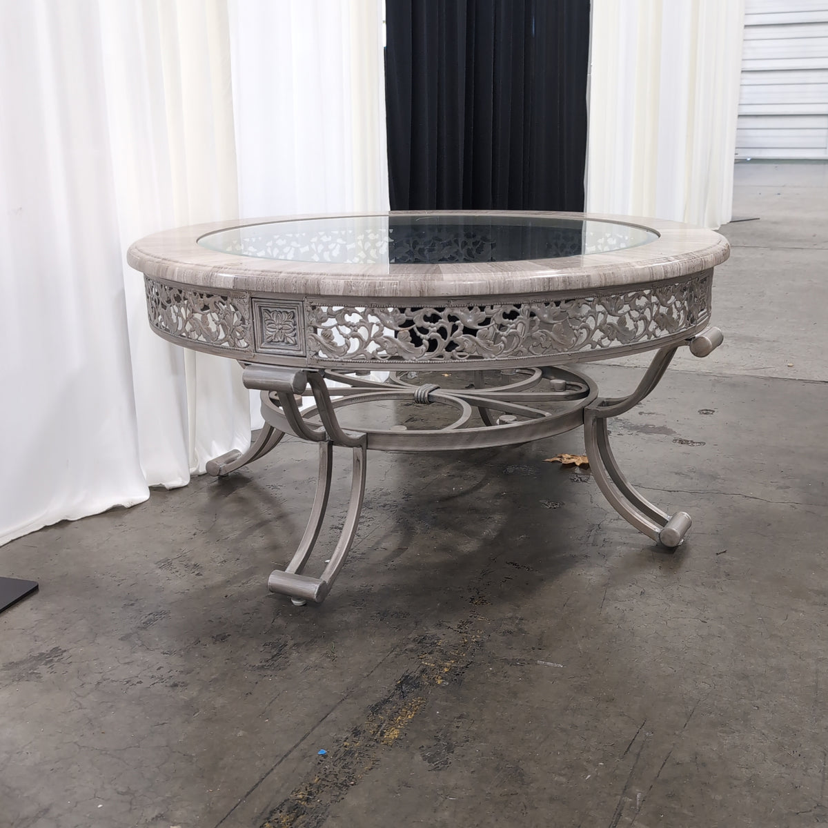 Silver-Toned Ornate Round Coffee Table with Glass Top