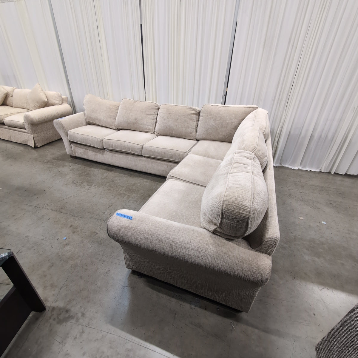 Light Beige Textured Fabric Sectional Couch with Rolled Arms