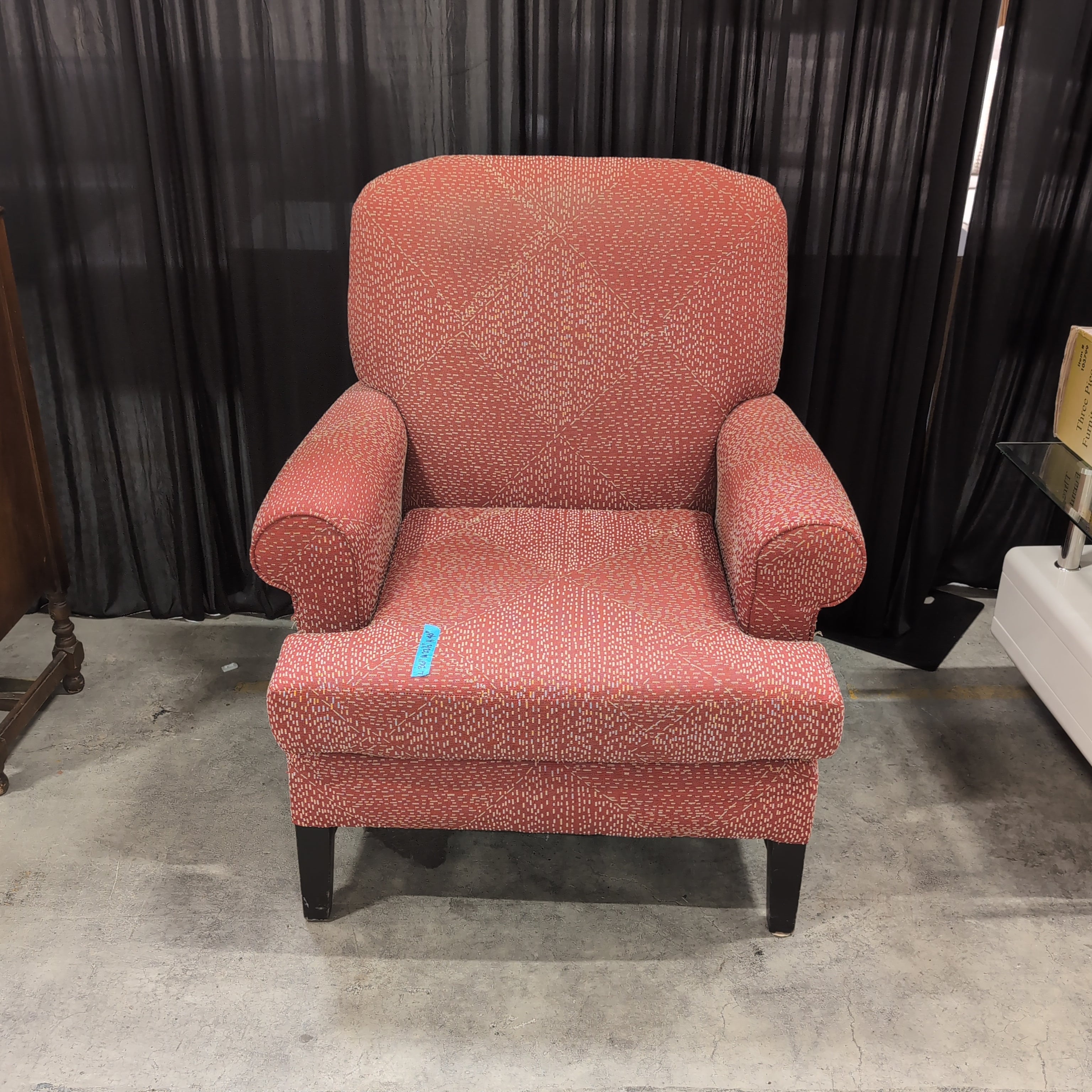 Red Patterned Upholstered Armchair with Rolled Arms
