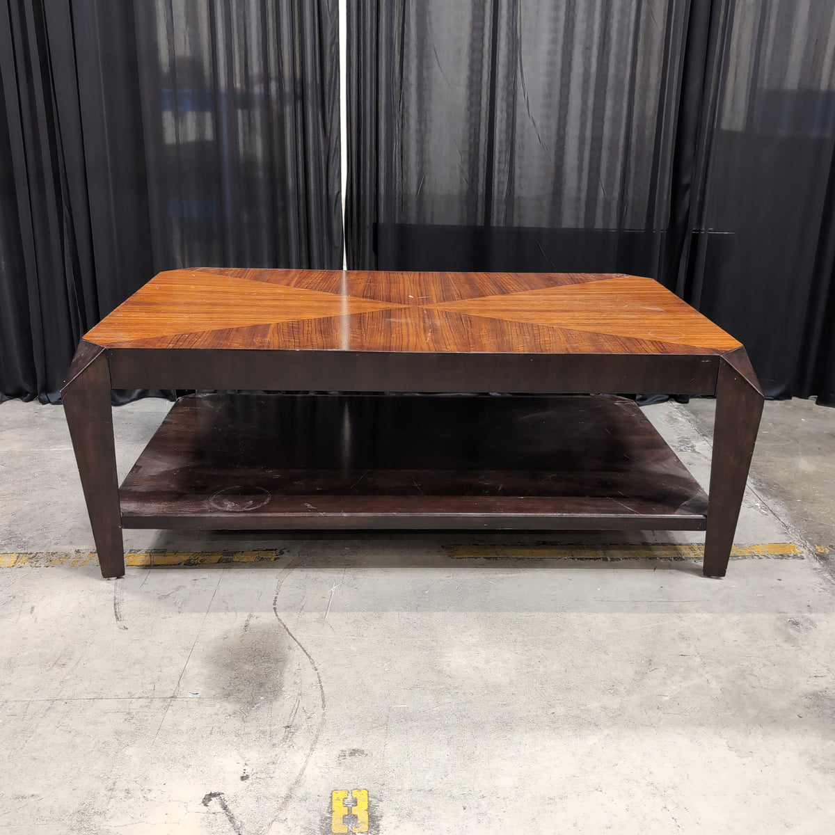 Dark Wood Rectangular Coffee Table with Geometric Veneer Top